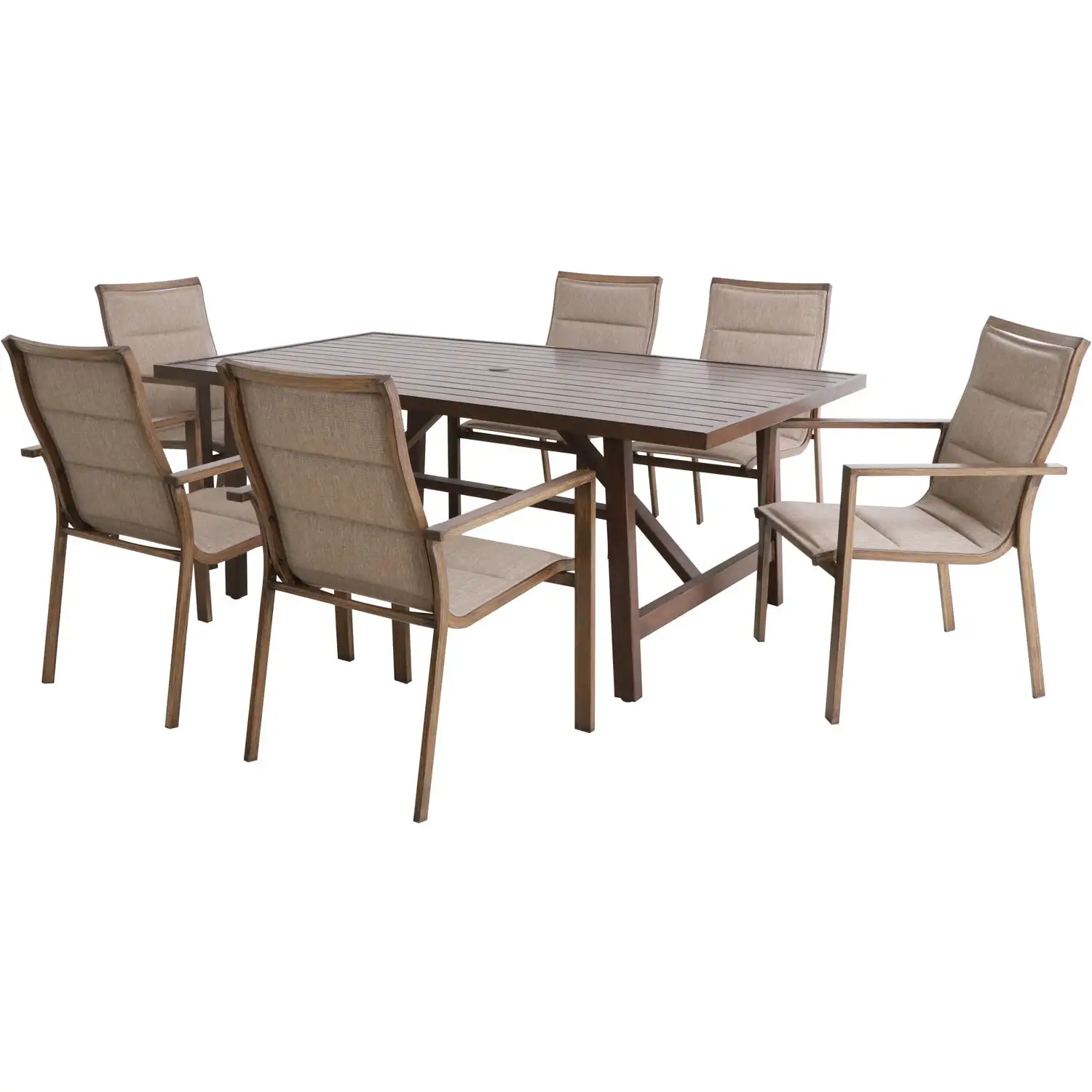 Mod Furniture Atlas 7-Piece Modern Outdoor Dining Set with 6 Padded Sling Chairs and Trestle Style Table. ATLASDN7PC-TAN