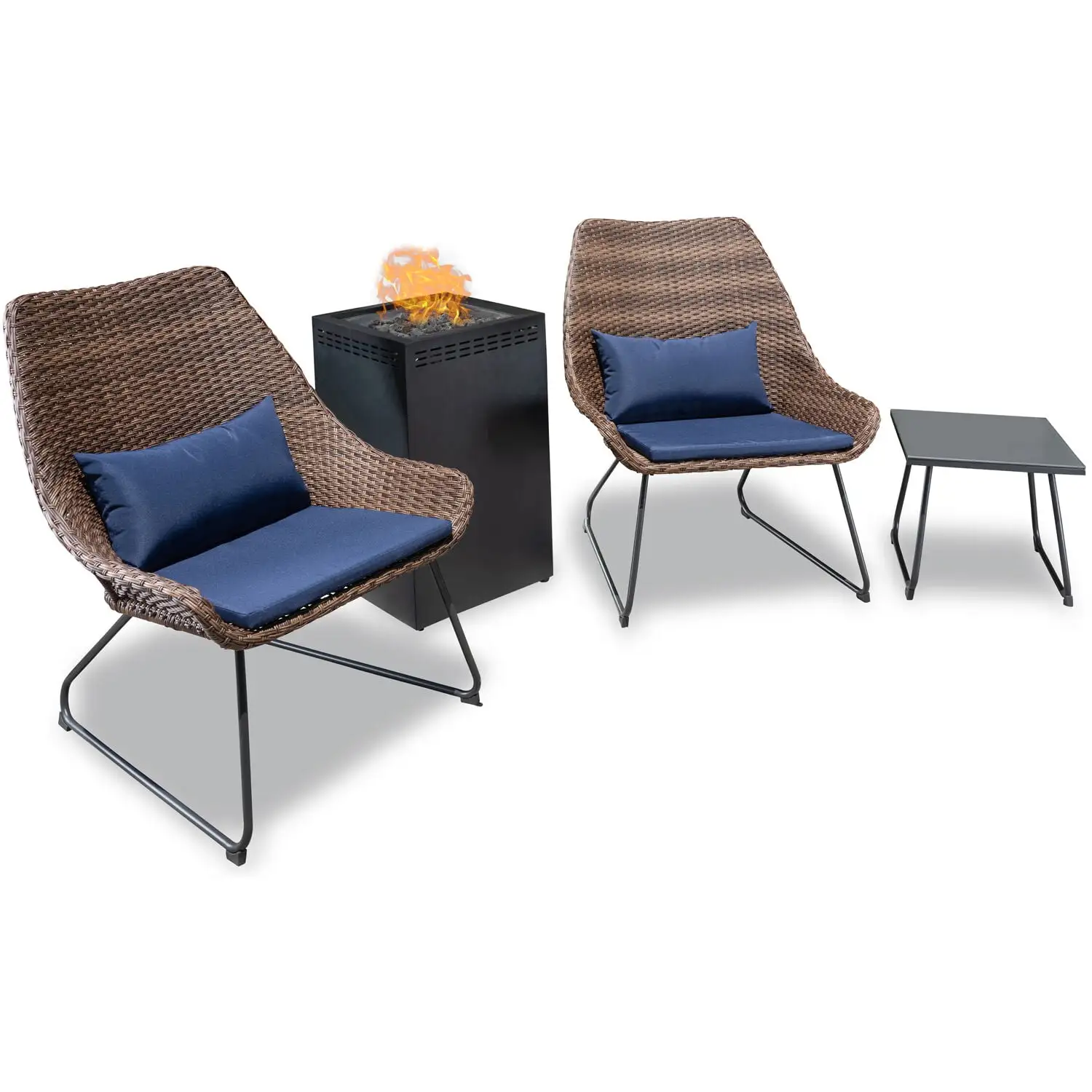 Mod Furniture Montauk 4-Piece Modern Outdoor Fire Pit Set with 2 Two-Toned Wicker Chairs with Cushions. Accent Table. and 40.000 BTU Column Fire Pit