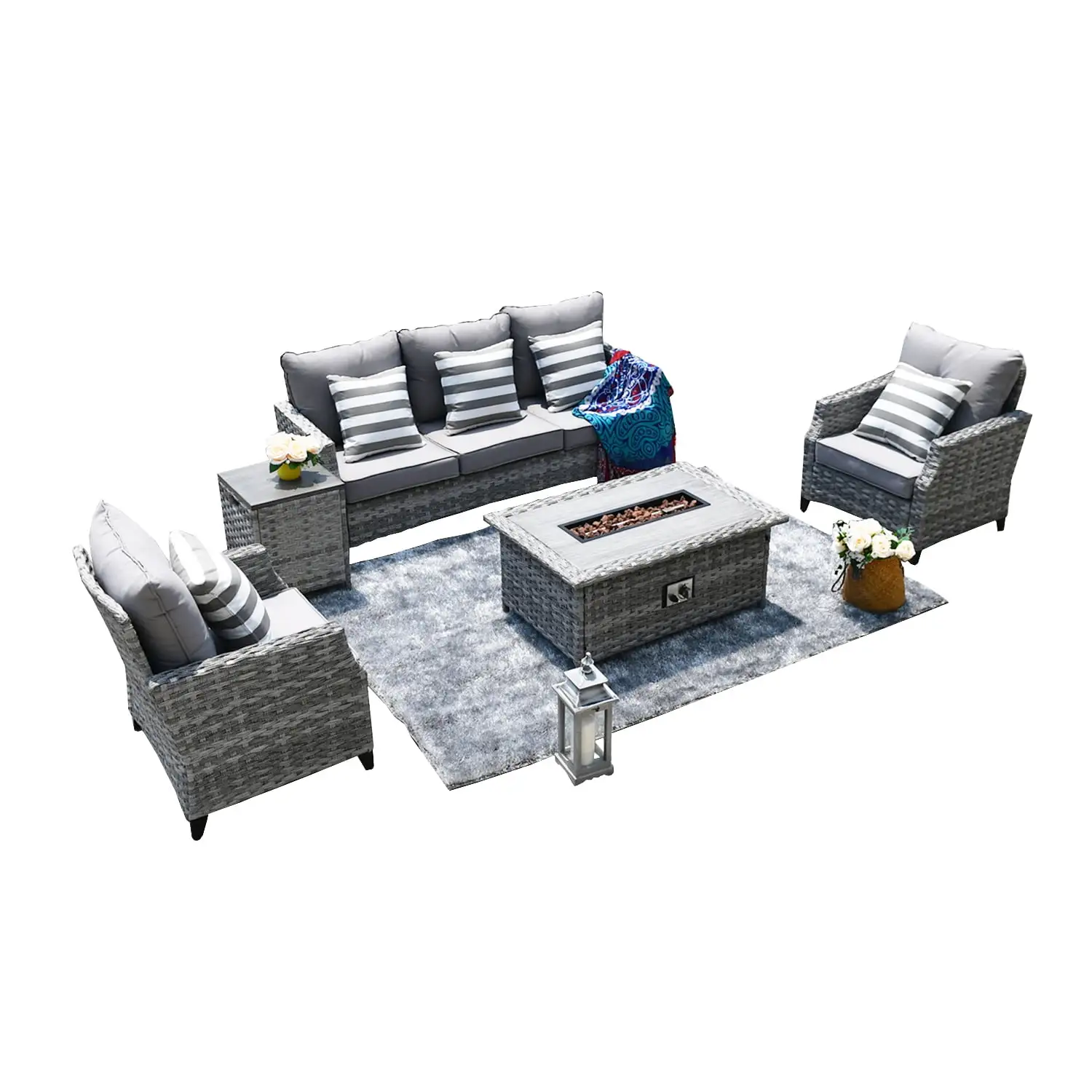 Moda Furnishings Patio Wicker Classic Seat for Five Gas Firepit Sets in the Outdoor