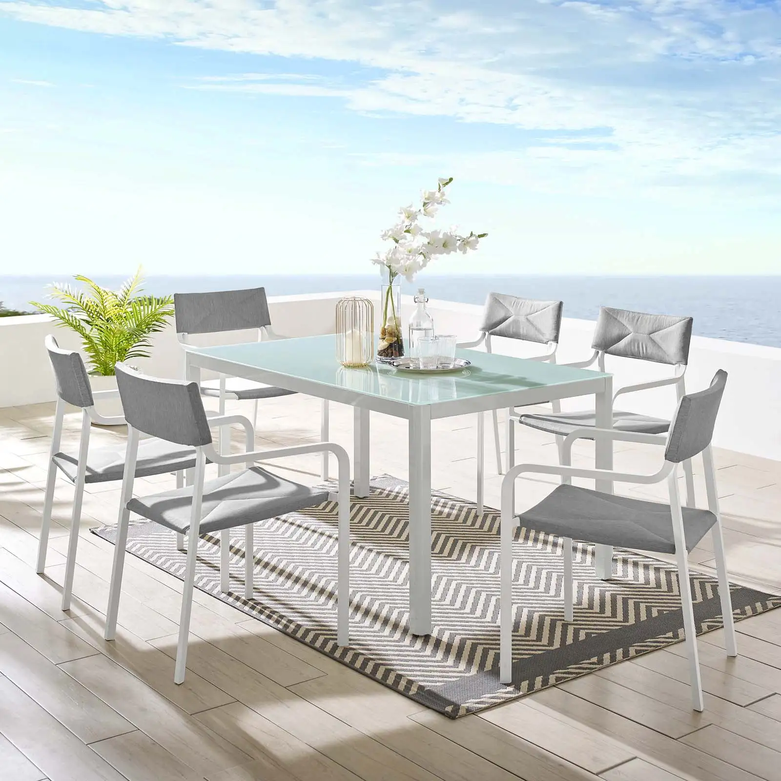 Modway Raleigh 7 Piece Outdoor Patio Aluminum Dining Set in White Gray