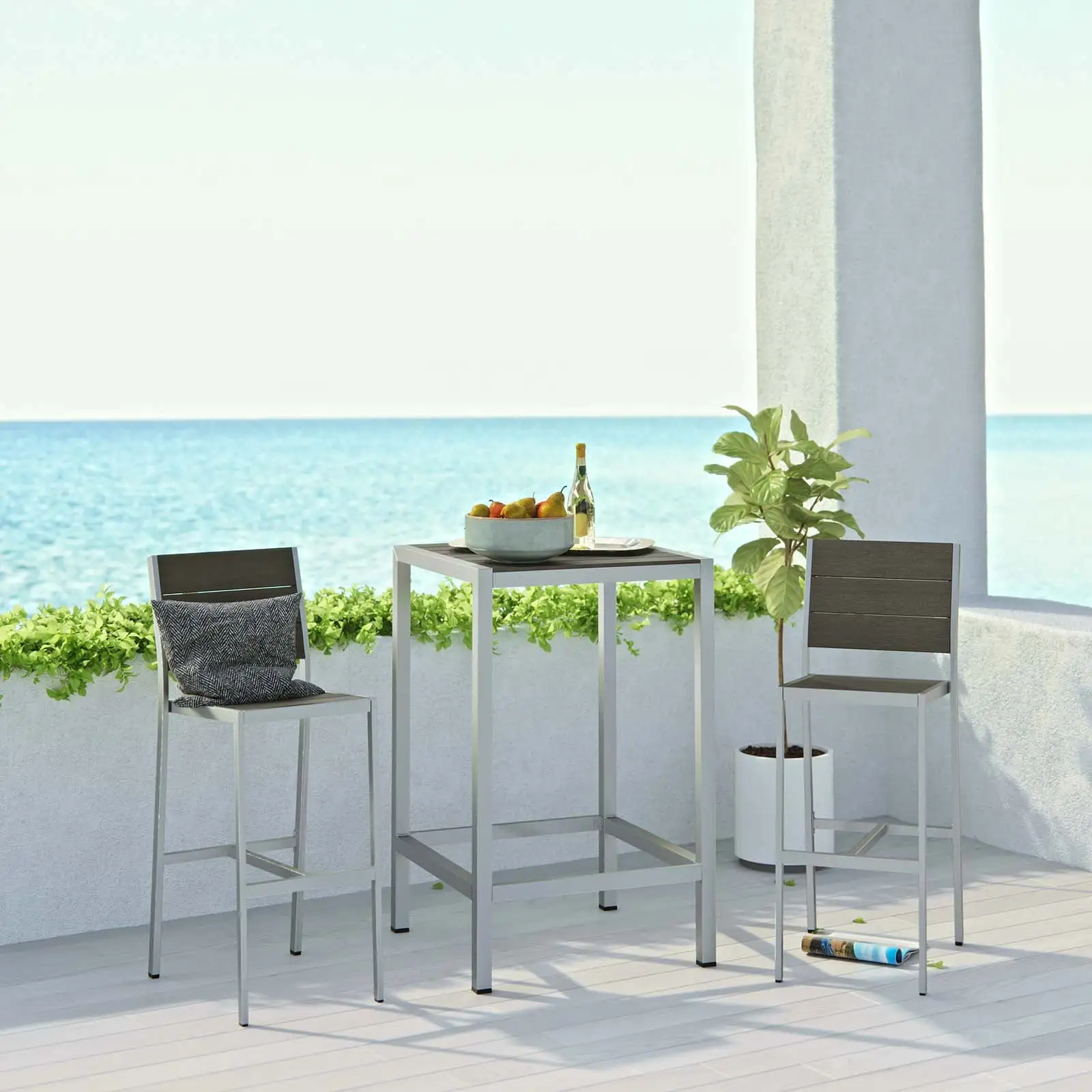 Modway Shore 3 Piece Outdoor Patio Aluminum Pub Set in Silver Gray