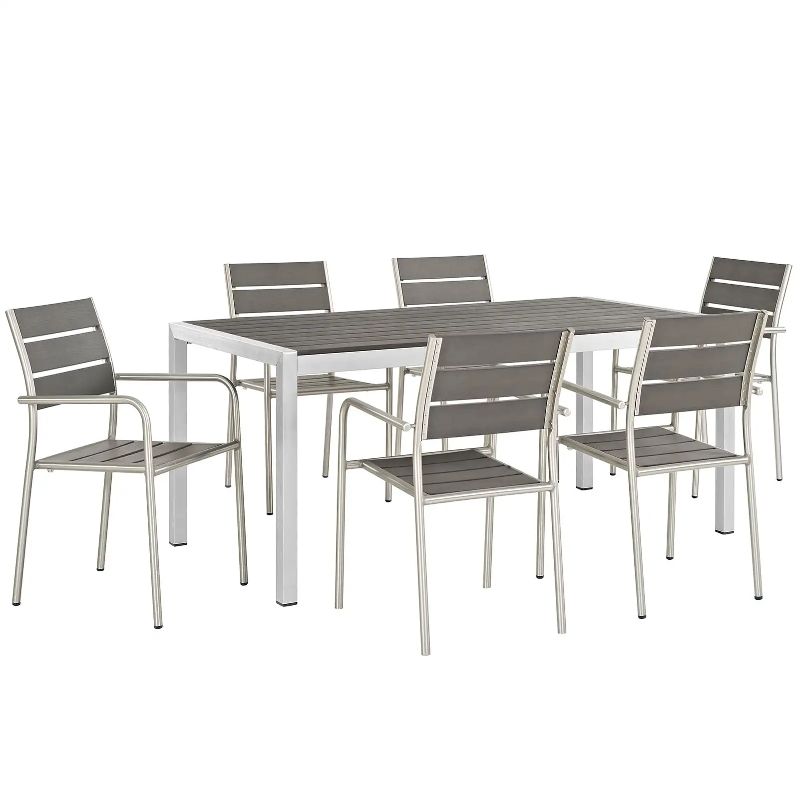 Modway Shore 7 Piece Outdoor Patio Aluminum Dining Set in Silver Black