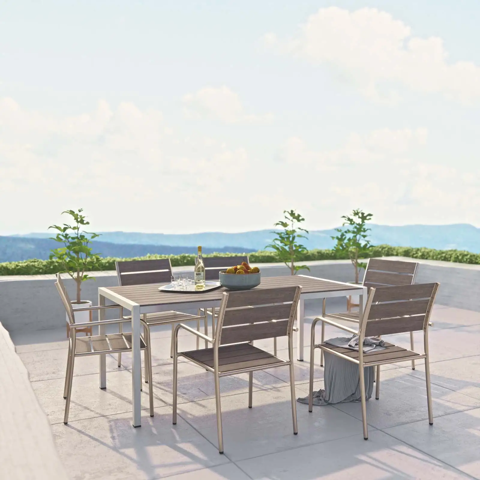 Modway Shore 7 Piece Outdoor Patio Aluminum Dining Set in Silver Gray