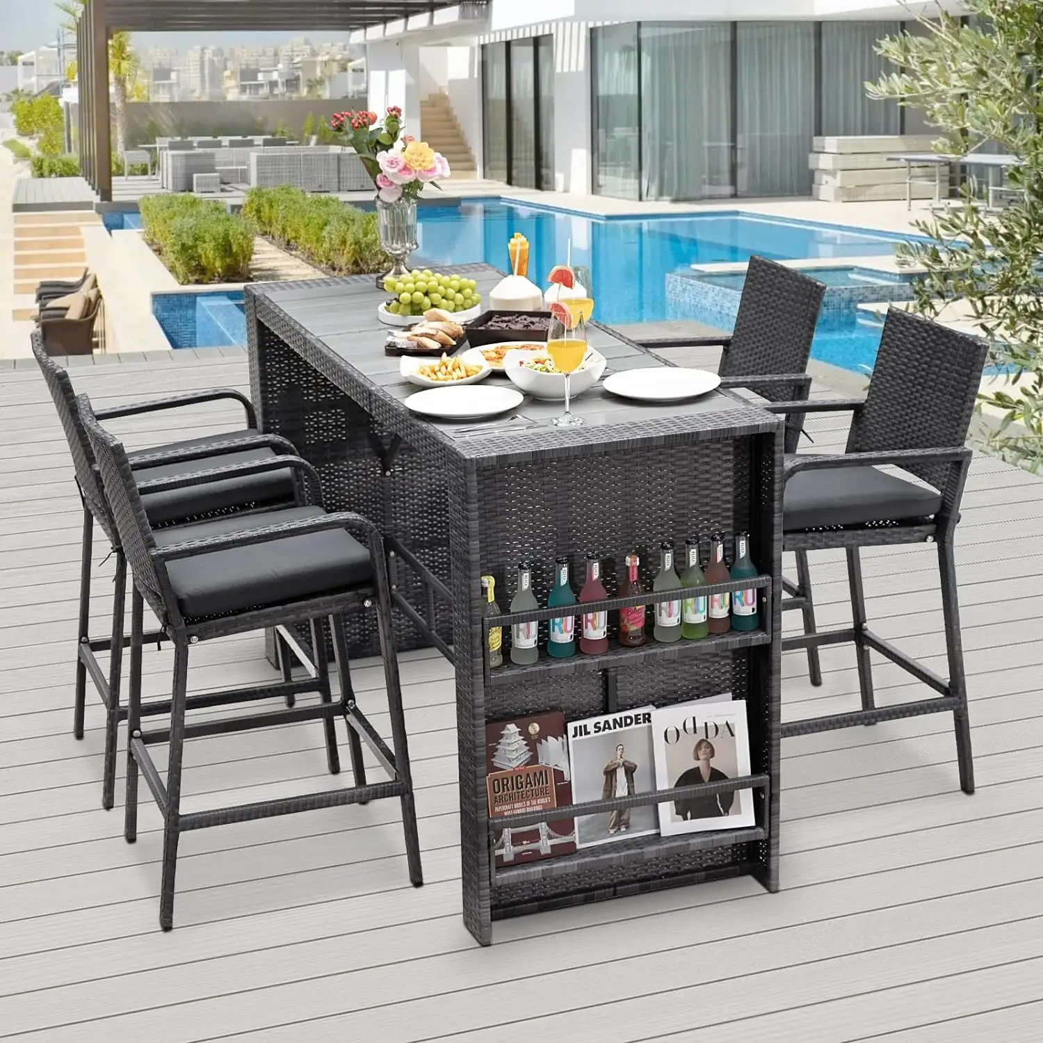 NICESOUL 5 Piece High Top Outdoor Bar Table and Chairs Set with Cushions for 4 Seats. Grey Wicker Bar Height Patio Furniture Set with Storage for Backyard Deck Garden and Poolside