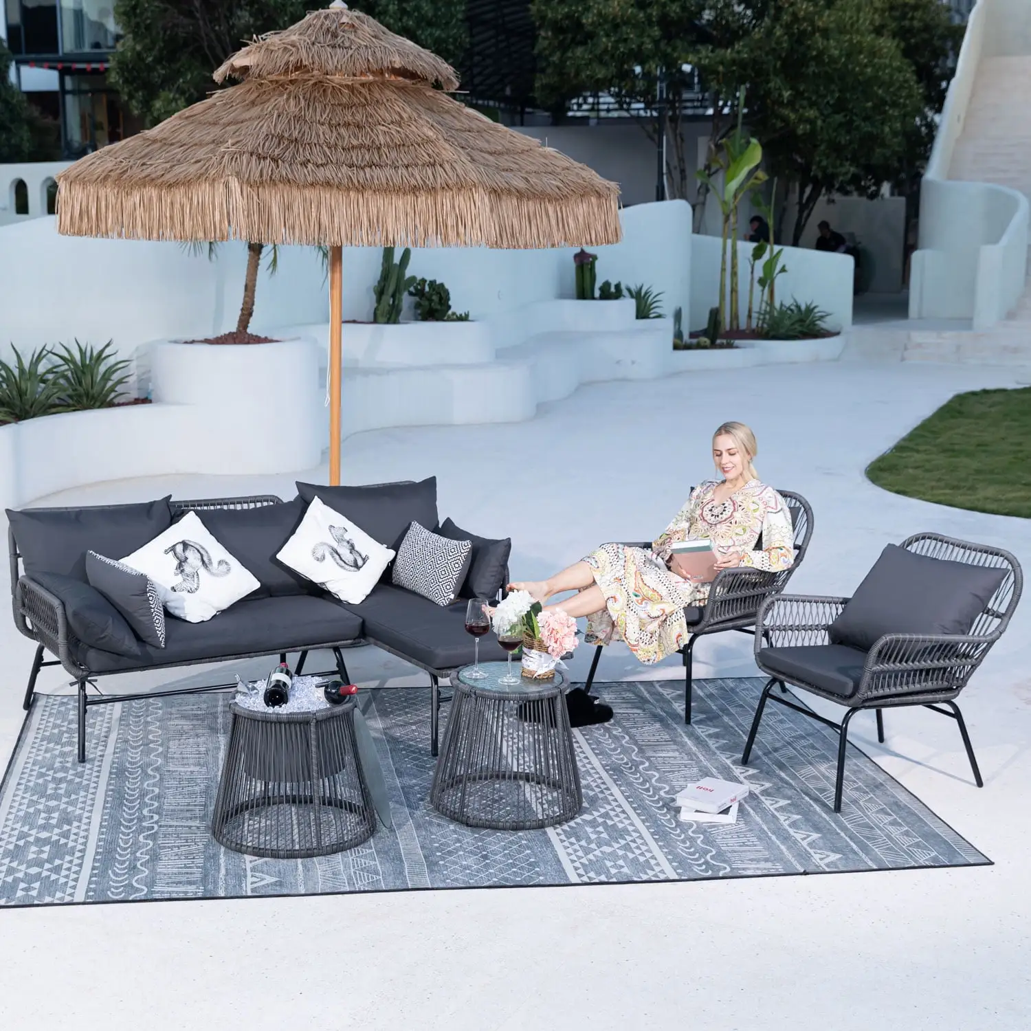 NICESOUL 6 Pcs Boho Outdoor Furniture Set with Ice Bucket Wicker Patio Bistro Chairs. Dark Grey