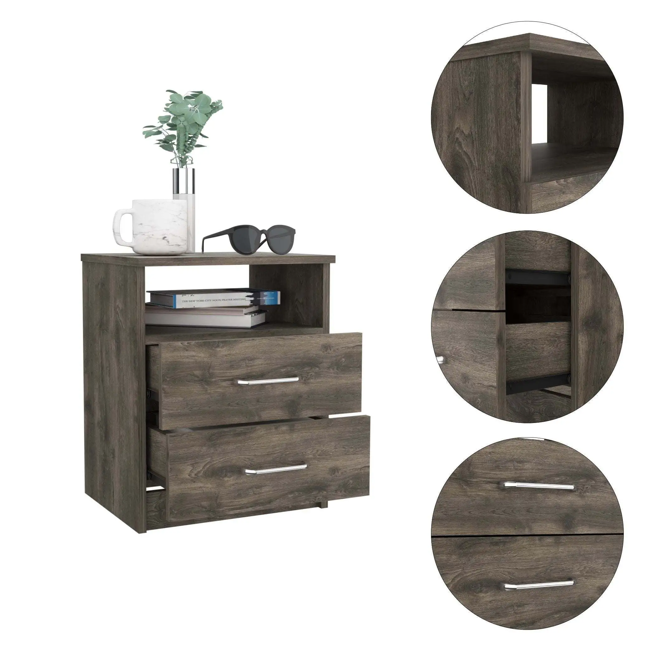 Nightstand Superior Top Two Drawers One Shelf -Dark Brown