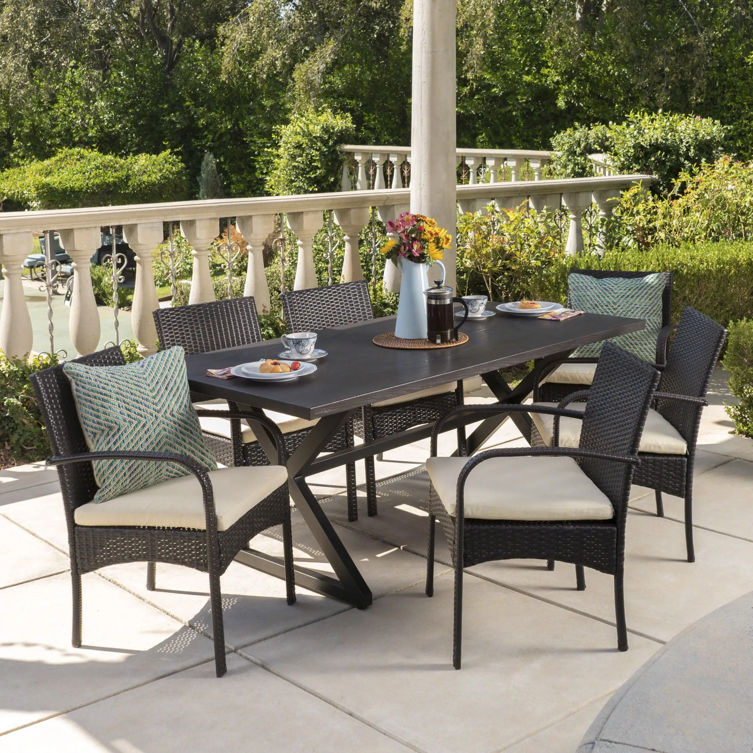 Noble House Aamaya Outdoor 7 Piece Aluminum Dining Set with Wicker Dining Chairs and Cushions. Brown. Black. Multibrown. Cr??me