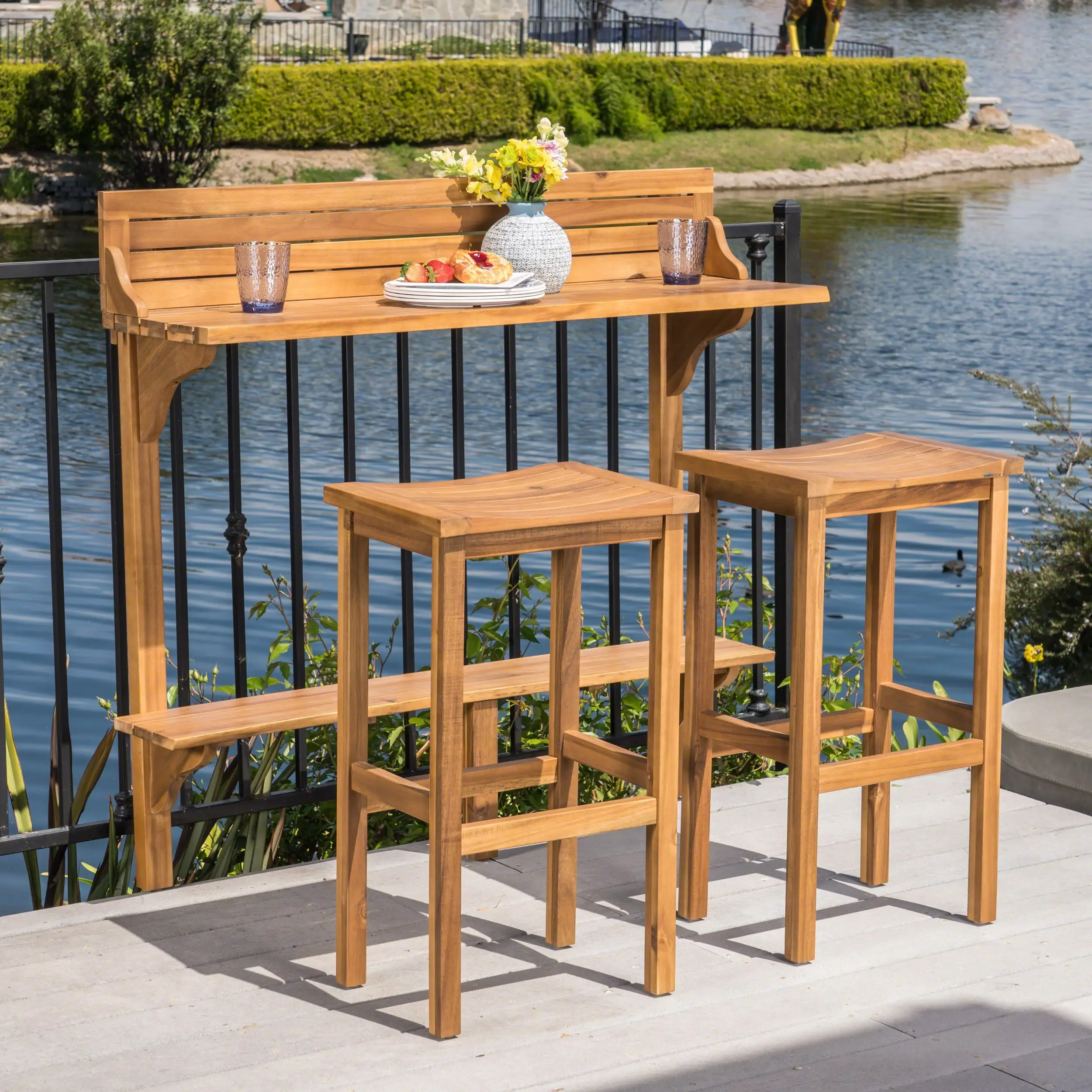 Noble House Caribbean Outdoor 3-Pc Natural Acacia Wood Balcony Bar Set