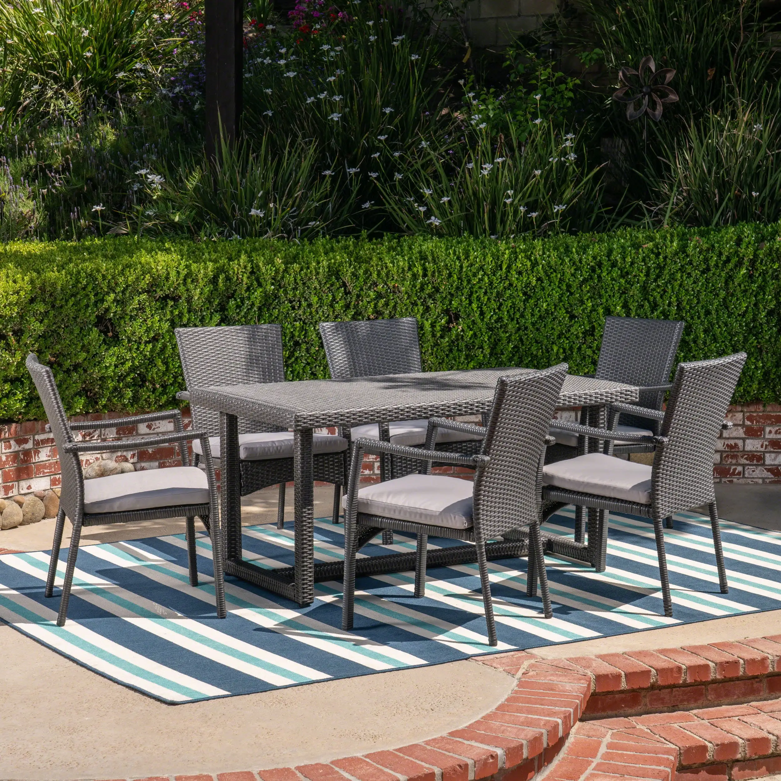 Noble House Westley 7 Piece Wicker Patio Dining Set in Gray