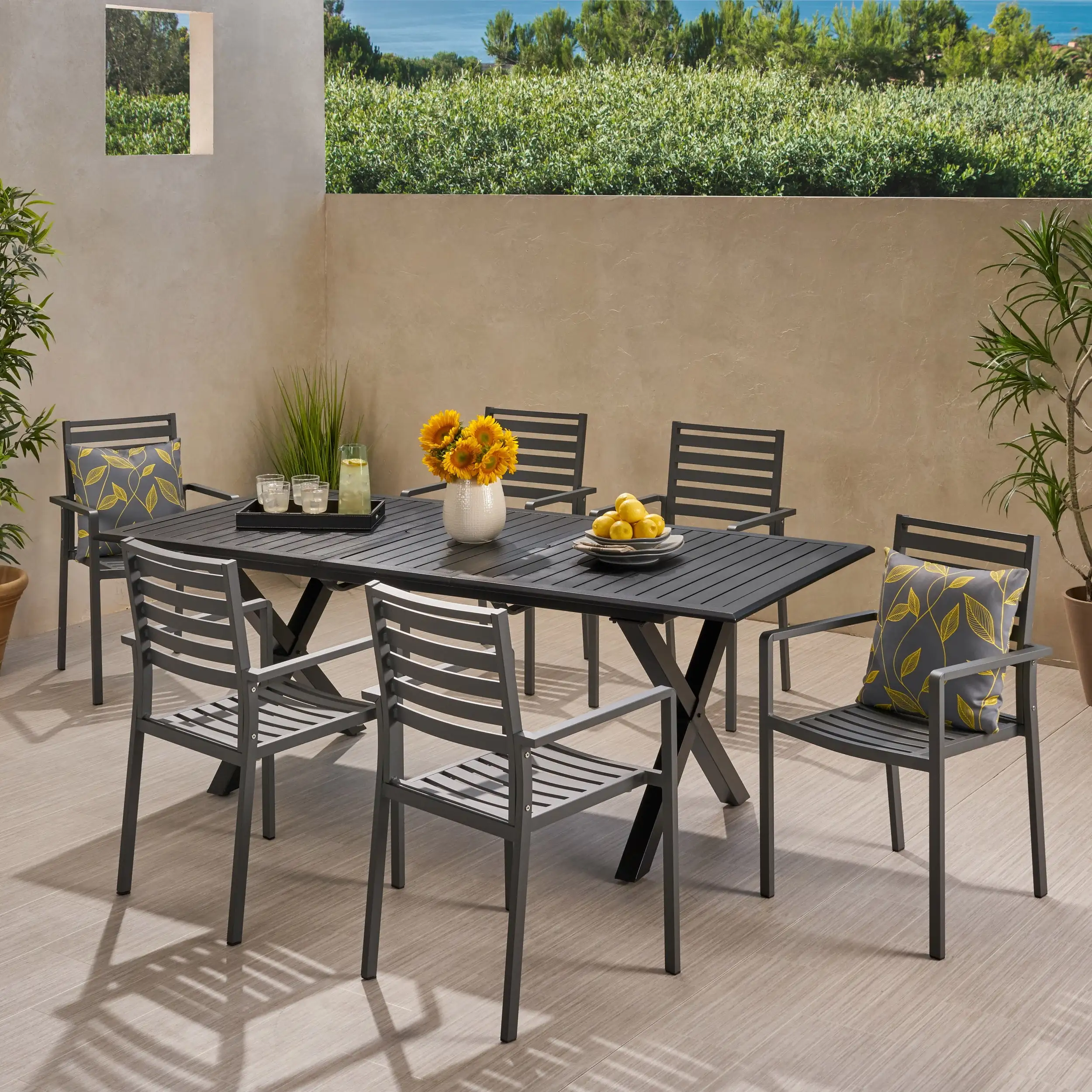 Noxx Outdoor 6 Seater Aluminum Dining Set with Expandable Table. Black and Gun Metal Gray