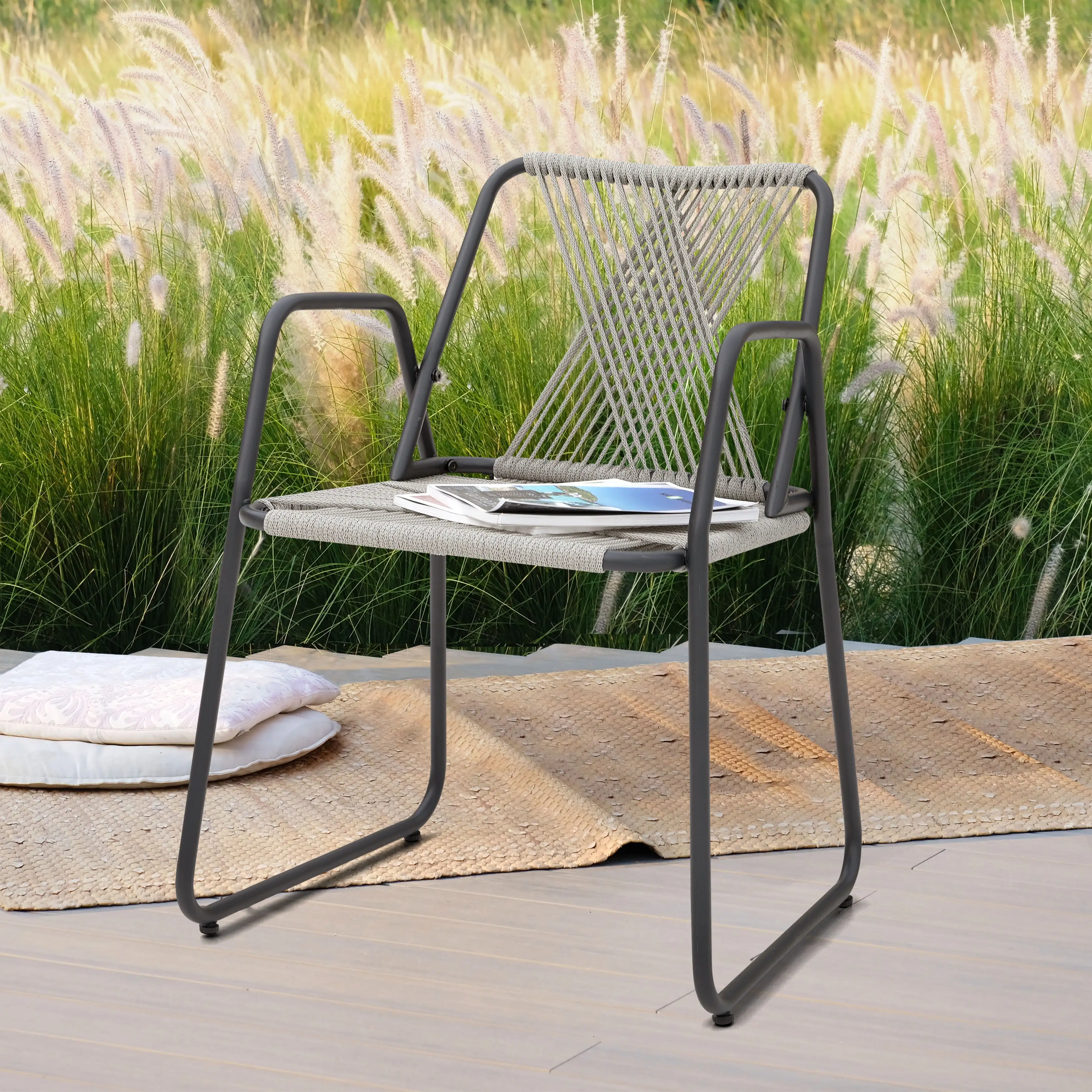 Nuu Garden Outdoor Bistro Chair. Woven Rope Conversation Patio Chair. All Weather Patio Furniture Chair. Gray