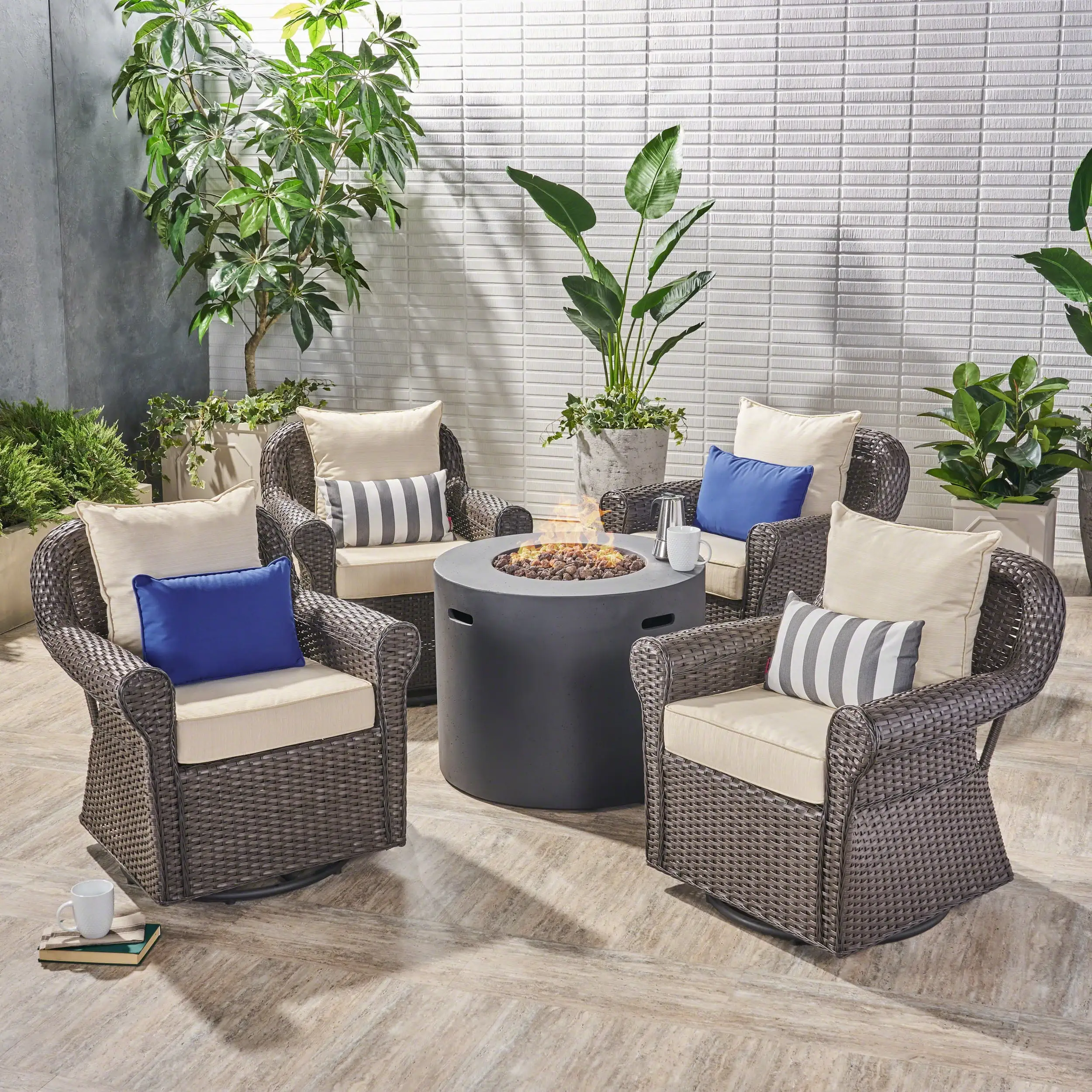 O'Neal Outdoor 5 Piece Swivel Wicker Club Chair Set with cushions and Round Fire Pit. Dark Brown. Beige. Dark Gray