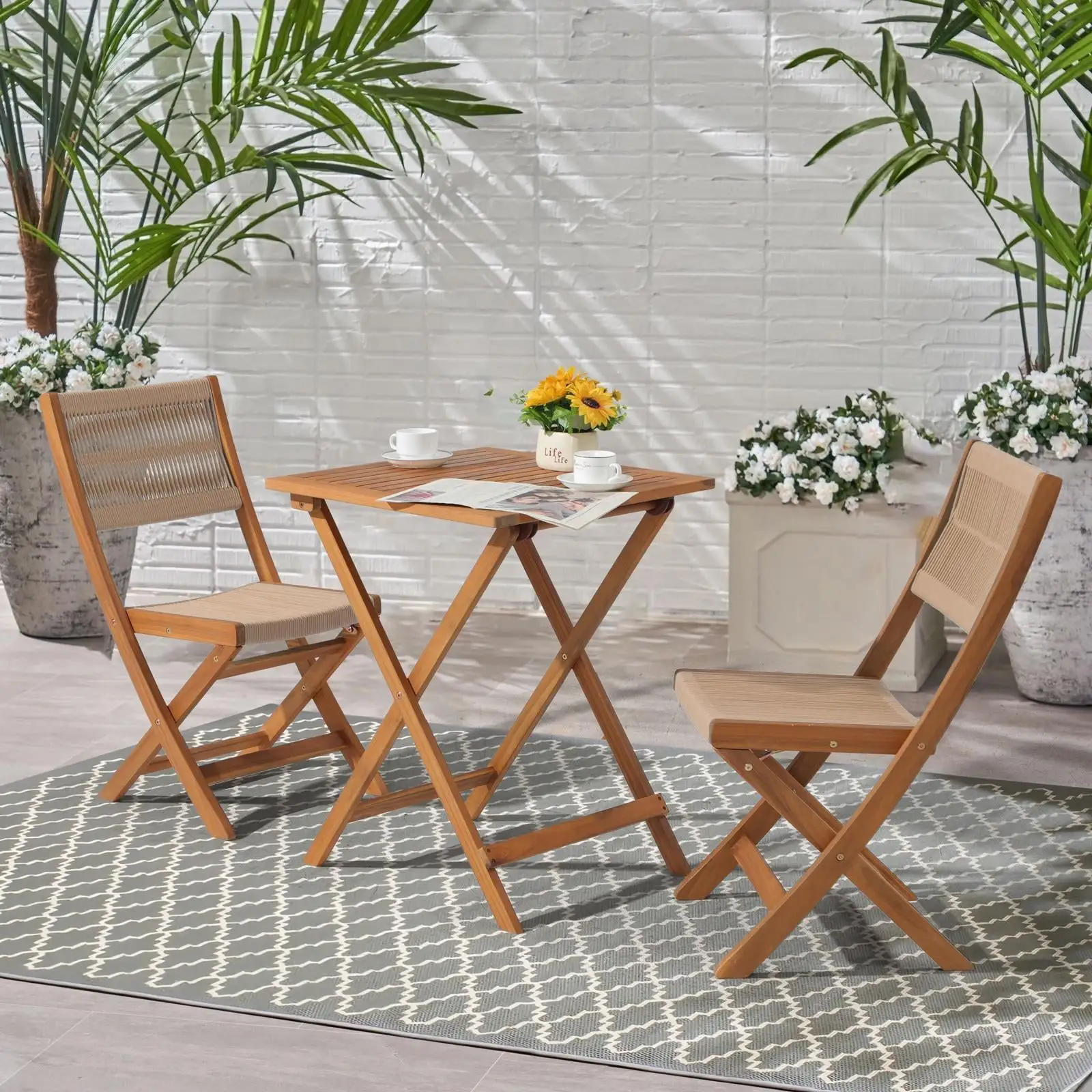 OC Orange-Casual Acacia Patio Bistro Set. Outdoor Compact Wood Square Table and Chairs. 3 Piece. Beige