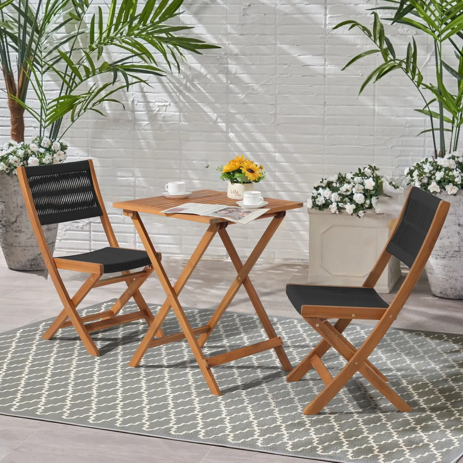 OC Orange-Casual Acacia Patio Bistro Set. Outdoor Compact Wood Square Table and Chairs. 3 Piece. Black