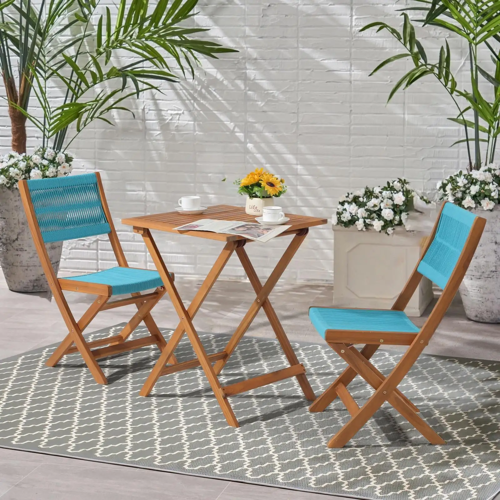 OC Orange-Casual Acacia Patio Bistro Set. Outdoor Compact Wood Square Table and Chairs. 3 Piece. Blue