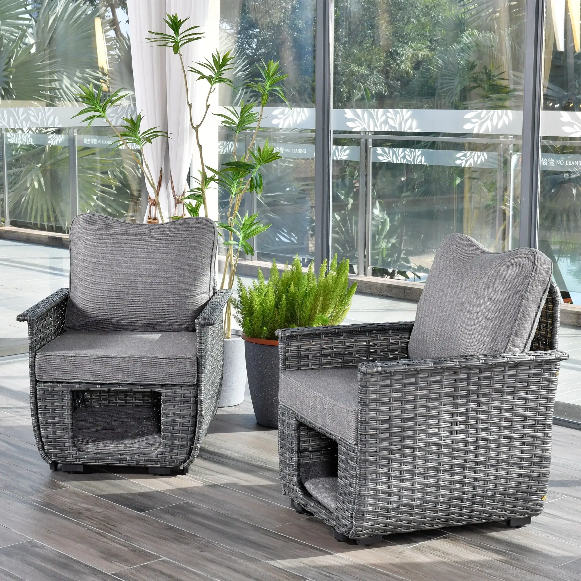 OVIOS 2-piece Patio Pet-Friendly Chair Set Wicker Multi-function Furniture Dark Grey