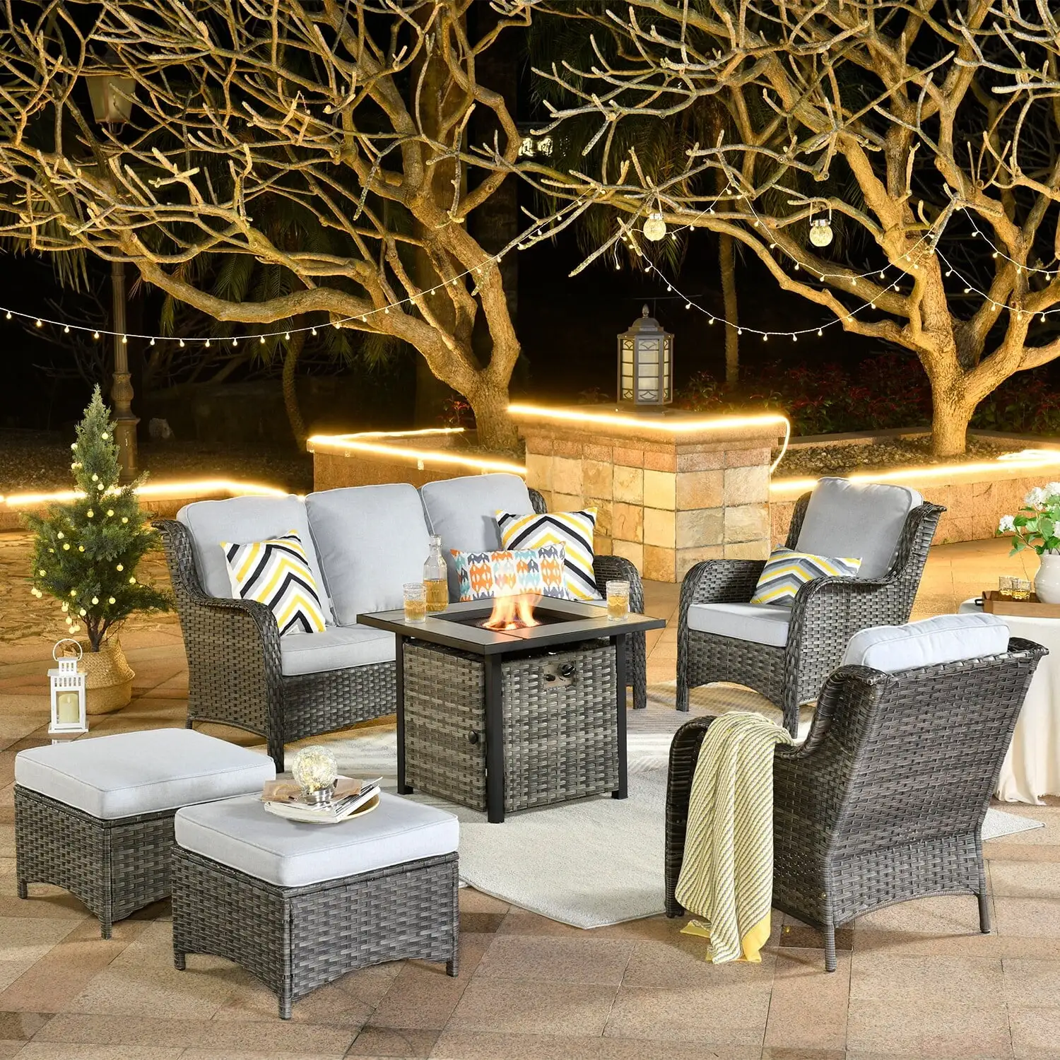 OVIOS Grey Wicker 6-piece Patio Furniture Set With Fire Pit Grey