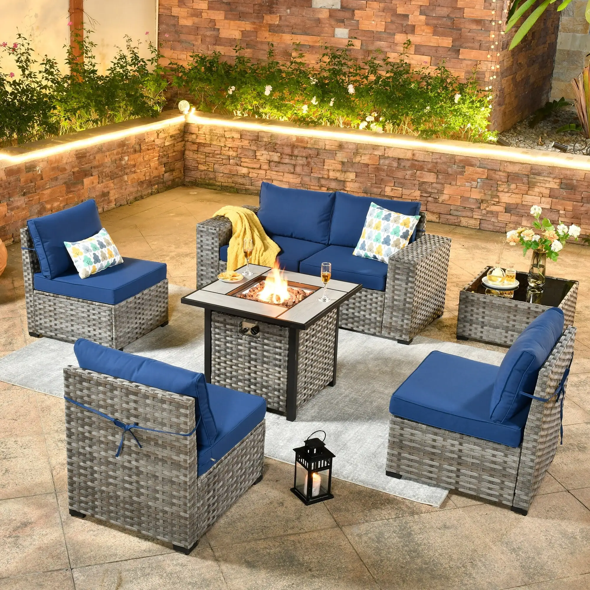 OVIOS Patio Wicker Furniture Wide Arm 7-piece Fire Pit Set with Table Navy Blue