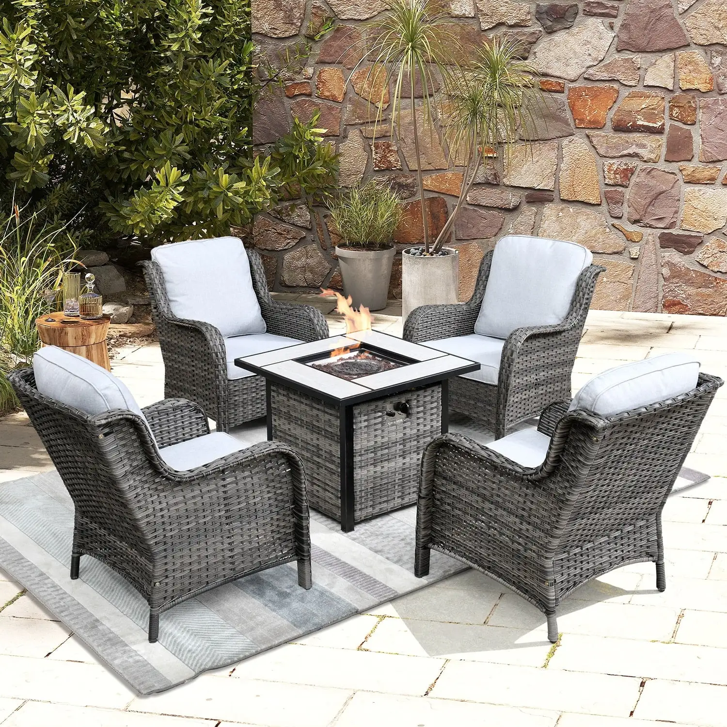 OVIOS Rattan Wicker 5-piece Patio Furniture Set Single Chairs With Fire Pit Grey