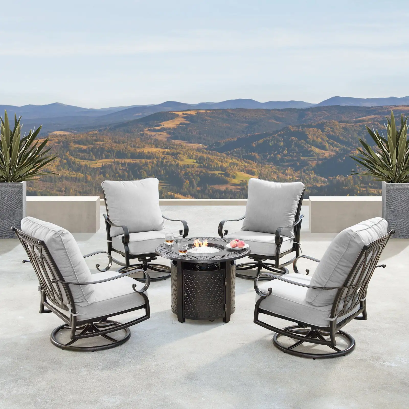 Oakland Living 34 in. Outdoor Aluminum Round Fire Table Set with Four Deep Seating Swivel Rocking Chair - 5 Piece