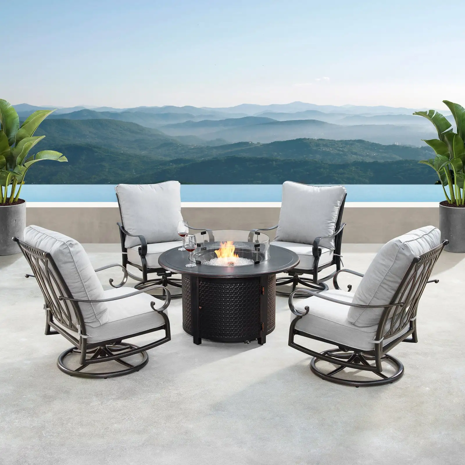 Oakland Living 44 in. Outdoor Aluminum Round Fire Table Set with Four Deep Seating Swivel Rocking Chair - 5 Piece