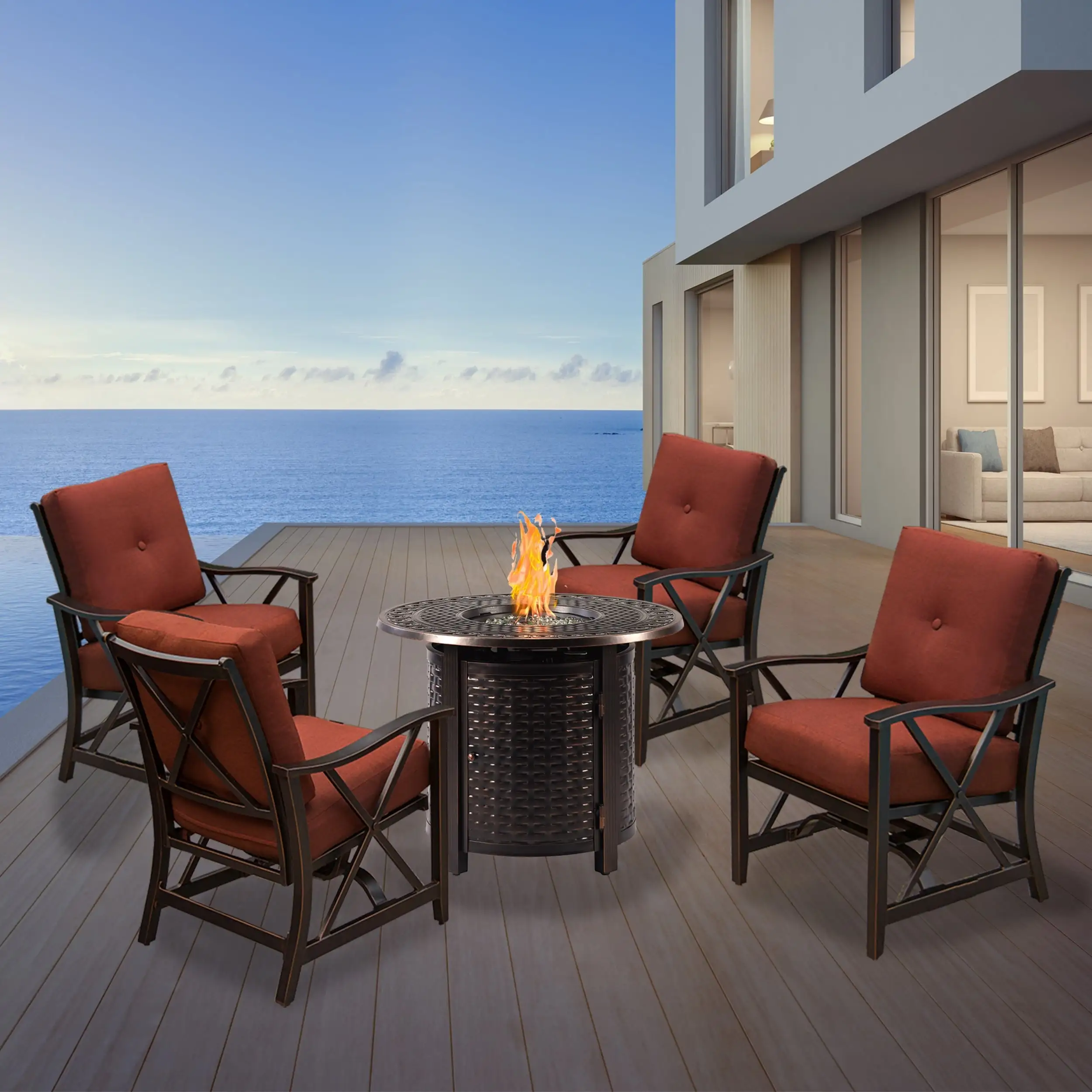 Oakland Living Aluminum 34-in Round Antique Copper Fire Table Set with Four Deep Seating Rocking Chairs with Accessories