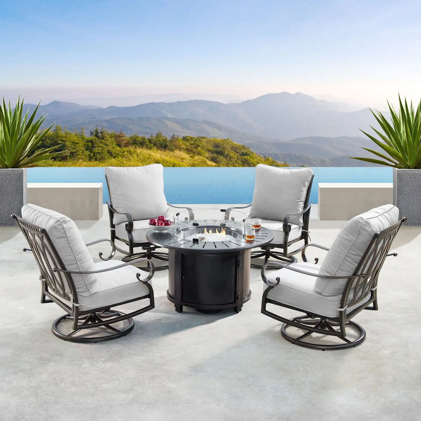 Oakland Living Rica Nobu Aluminum 5 Piece Propane Fire Pit Chat Set