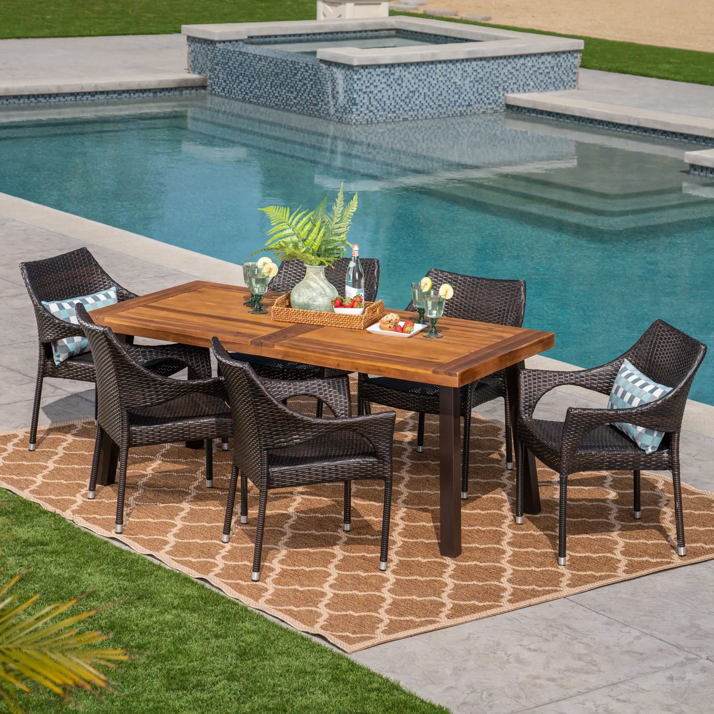 Outdoor 7 Piece Acacia Wood / Wicker Dining Set. Teak. Multibrown