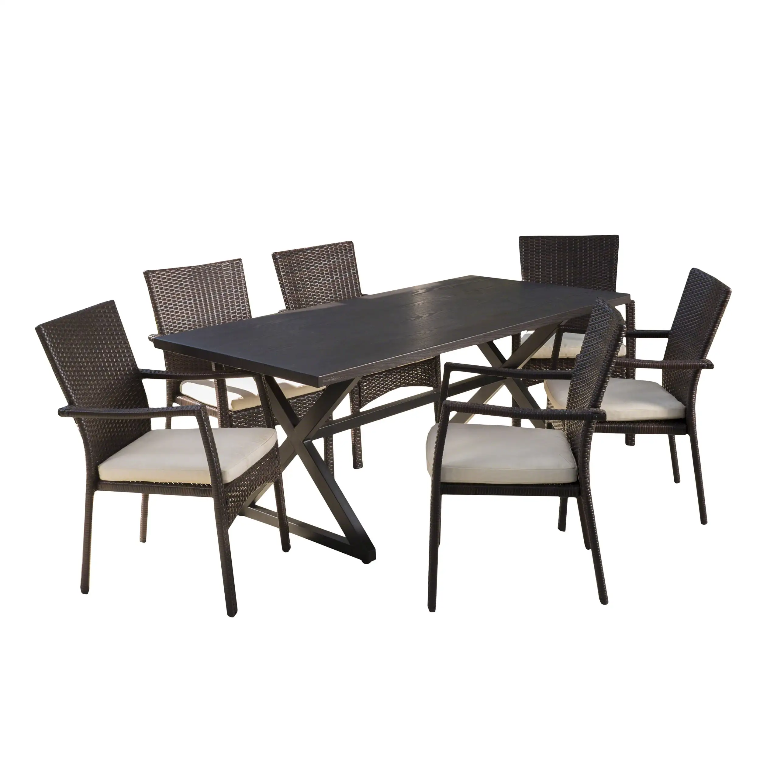 Outdoor 7 Piece Aluminum Dining Set with Wicker Dining Chairs and Cushions.Crme.Brown