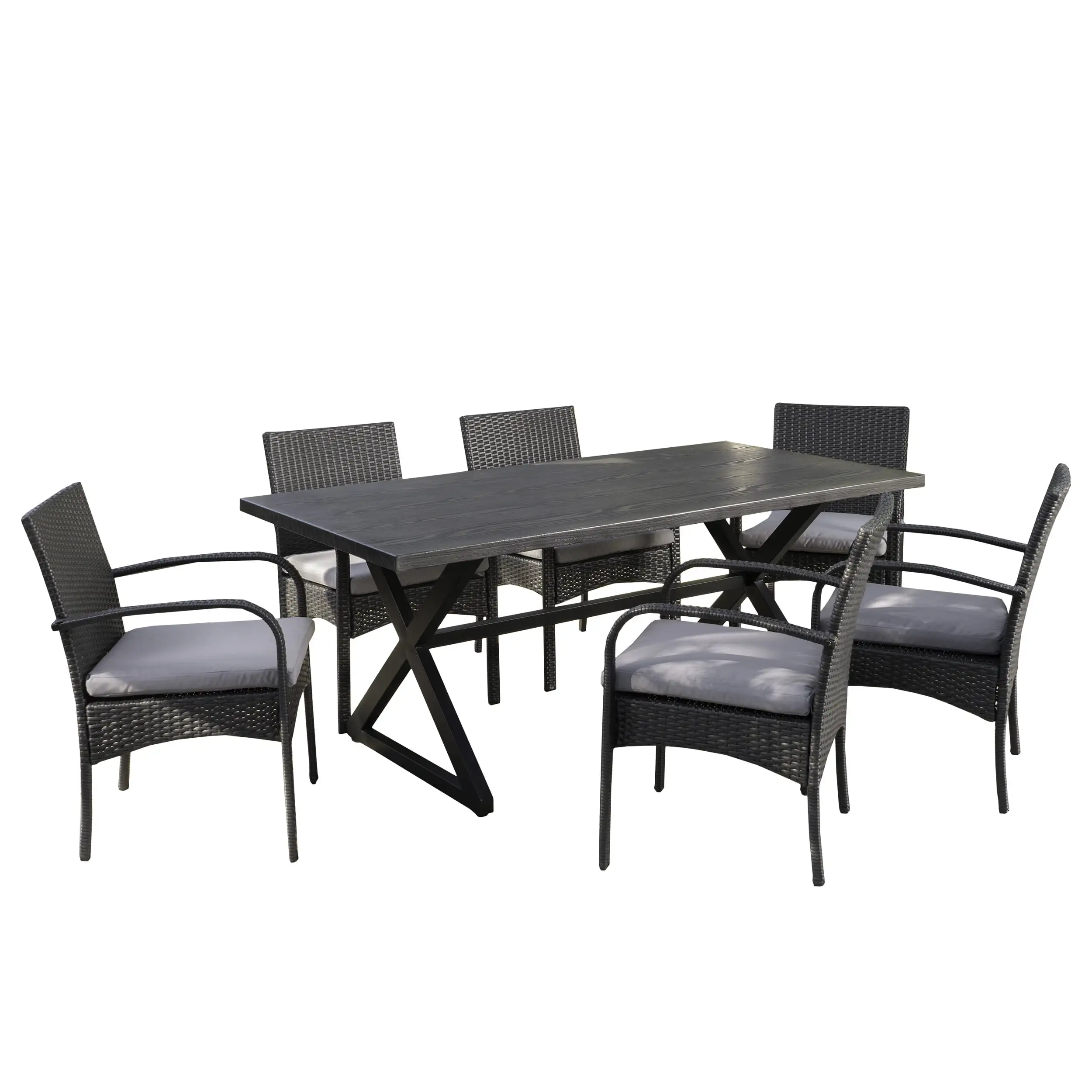 Outdoor 7 Piece Aluminum Dining Set with Wicker Dining Chairs and Cushions.Grey