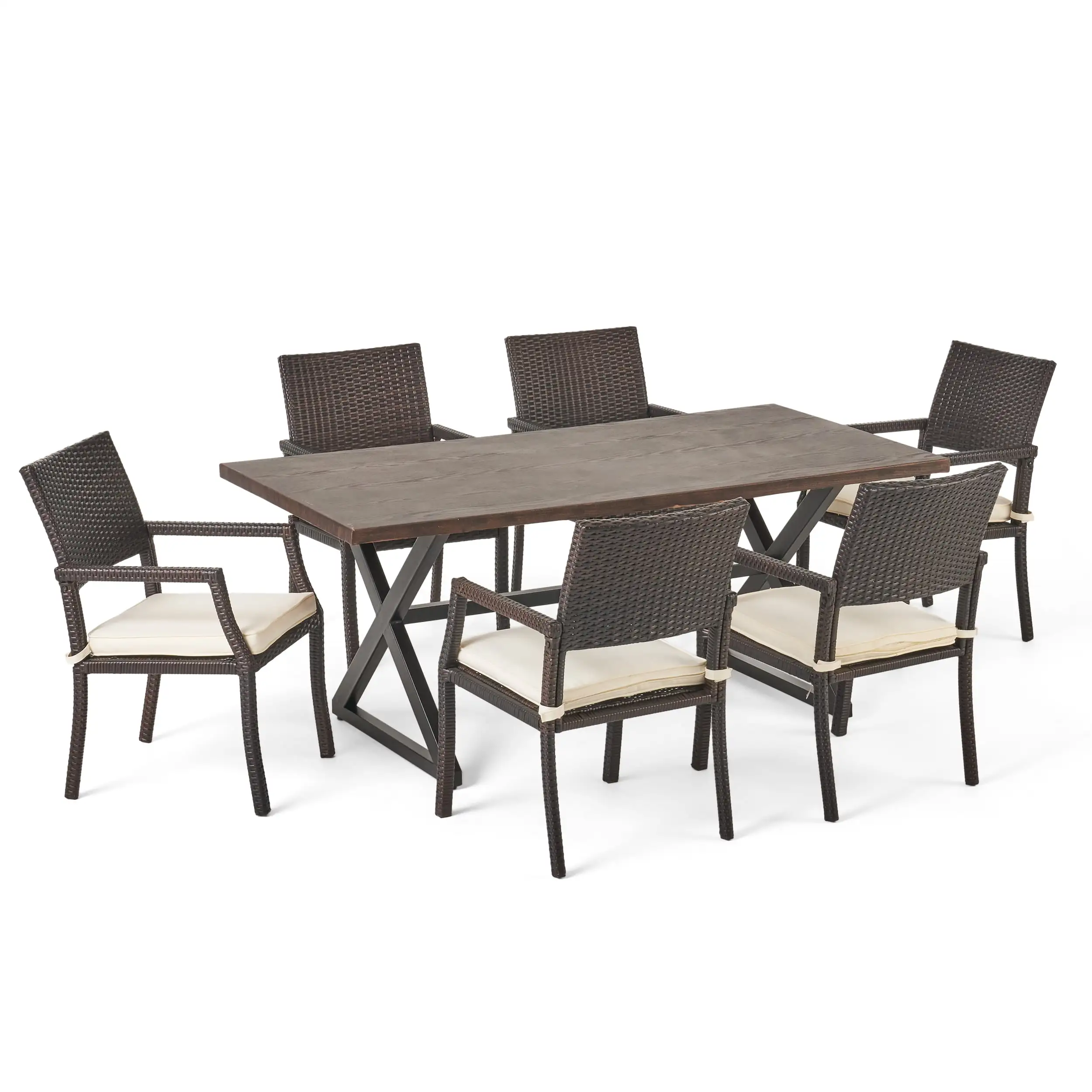 Outdoor 7 Piece Aluminum Dining Set with Wicker Dining Chairs and Cushions.White.Multibrown