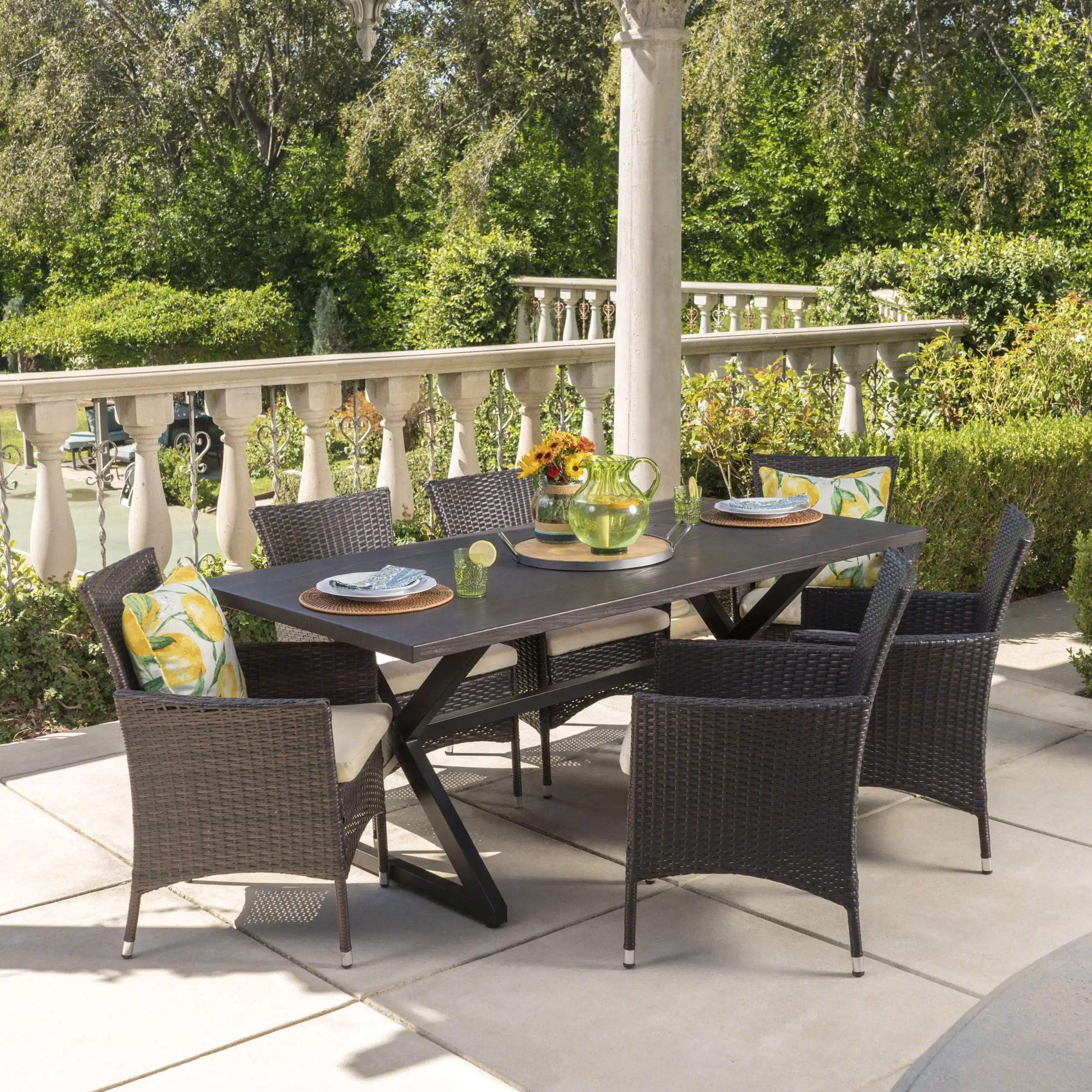 Outdoor 7 Piece Aluminum Dining Set with Wicker Dining Chairs with Cushions.Beige.Brown.Multibrown