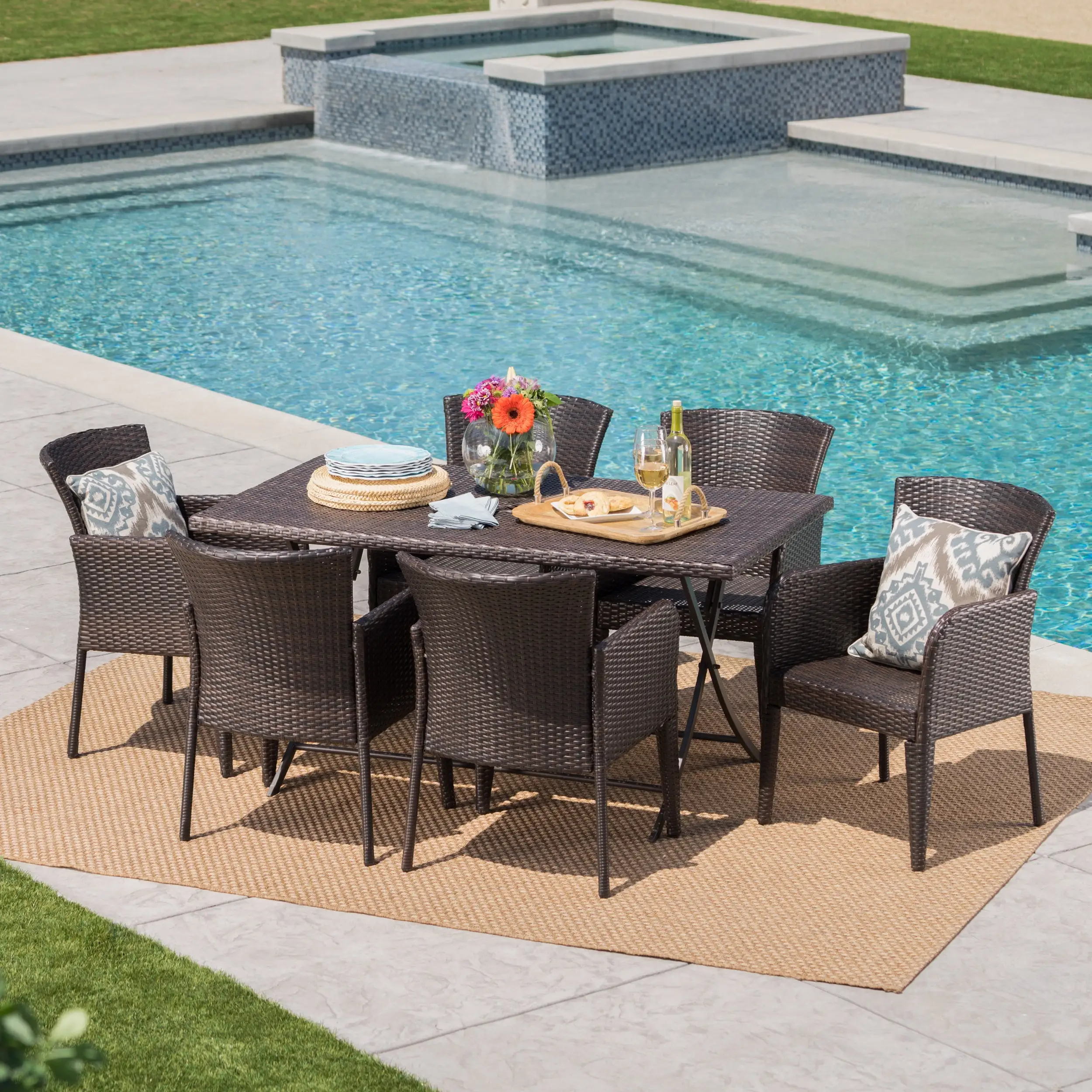 Outdoor 7 Piece Wicker Dining Set with Foldable Table.Multibrown