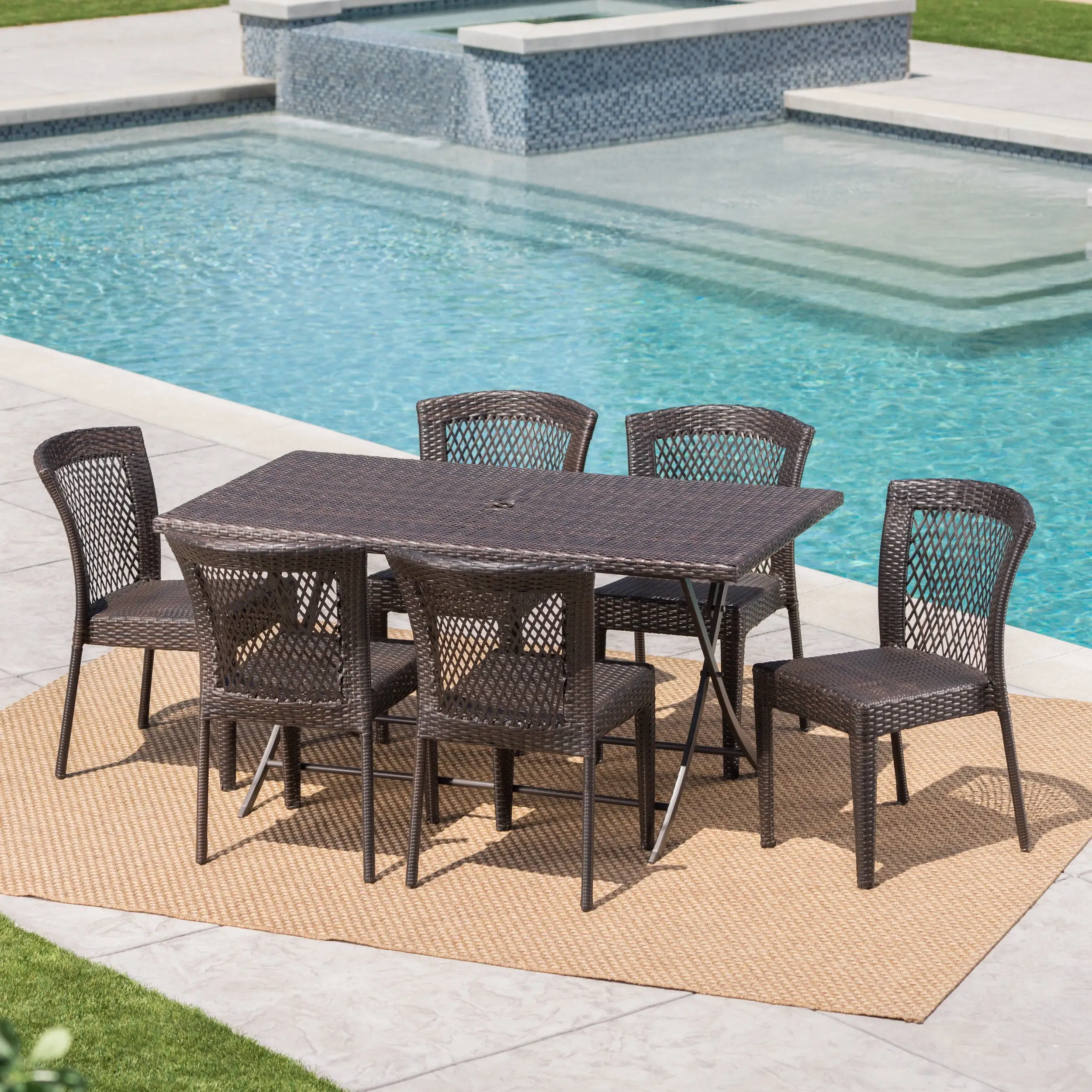 Outdoor 7 Piece Wicker Dining Set with Foldable Table and Stacking Chairs.Multibrown