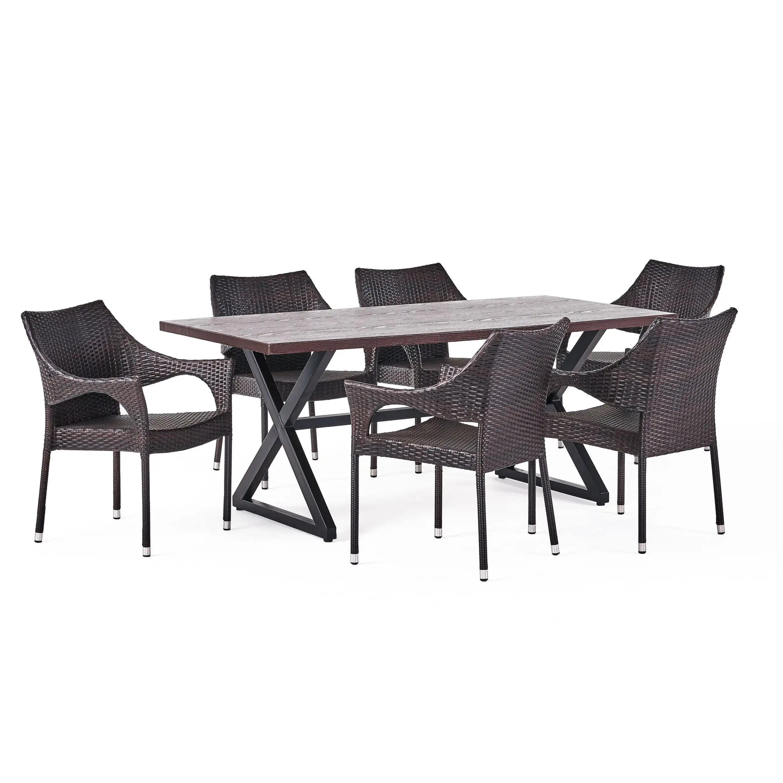 Outdoor 7 Piece Wicker Dining Set with Rectangular Aluminum Table.Multibrown.Brown