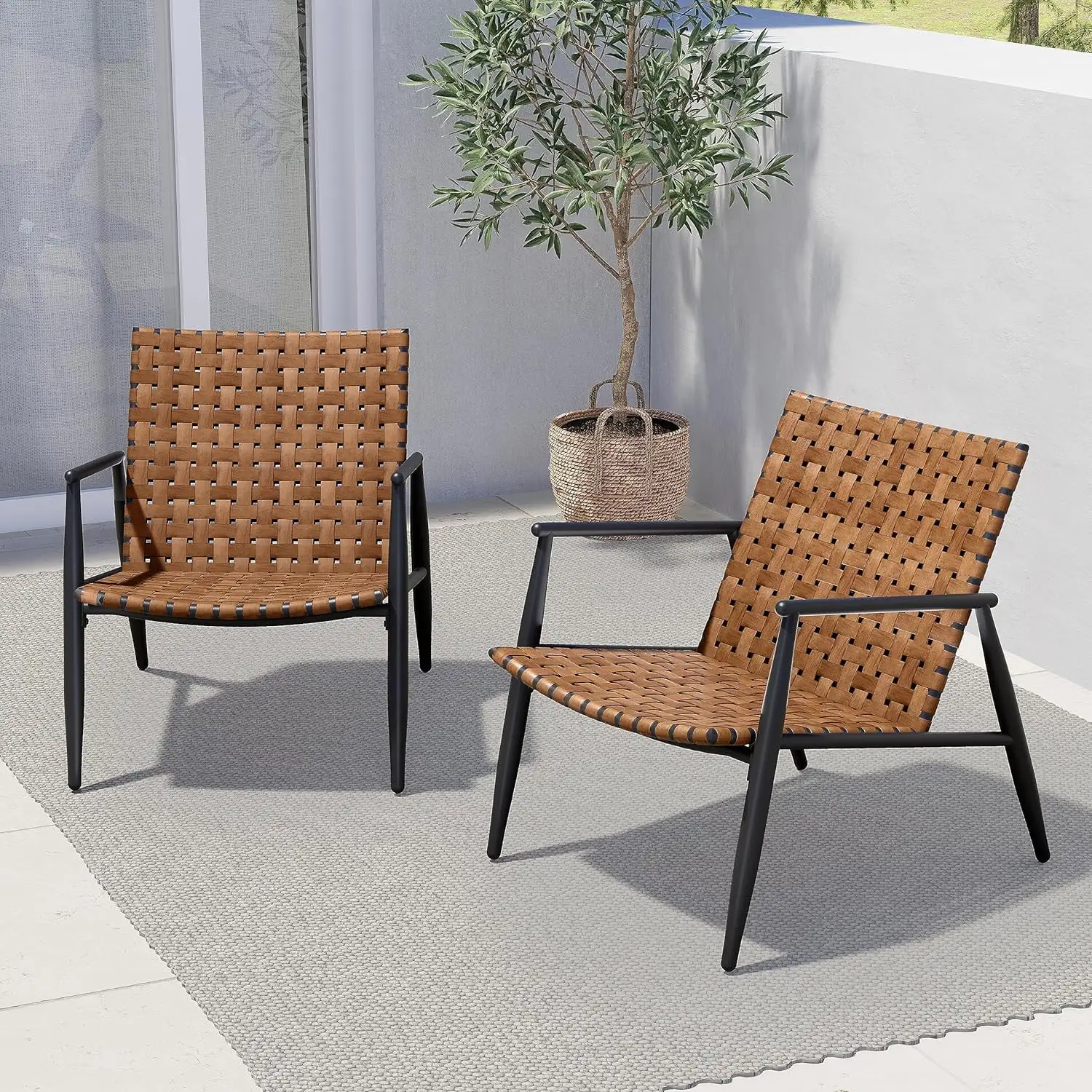 Outdoor Aksel Series Conversation Chairs Set of 2 All Weather Leather-Look Wicker Patio Chairs with Aluminum Frame Bistro Set for Garden Backyard Balcony Brown