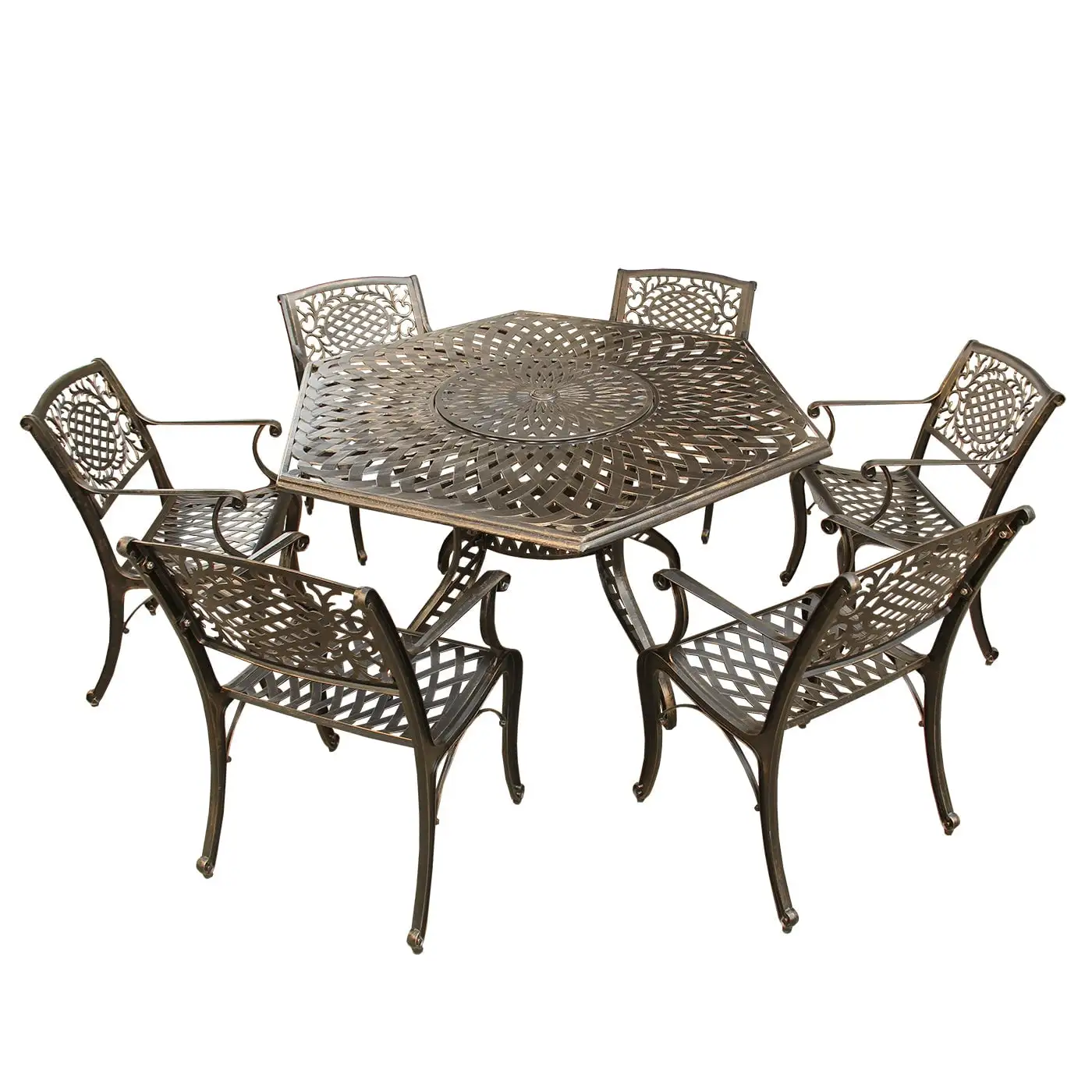 Outdoor Aluminum 7pc Hexagon Patio Dining Set. Lazy Susan. Six Chairs