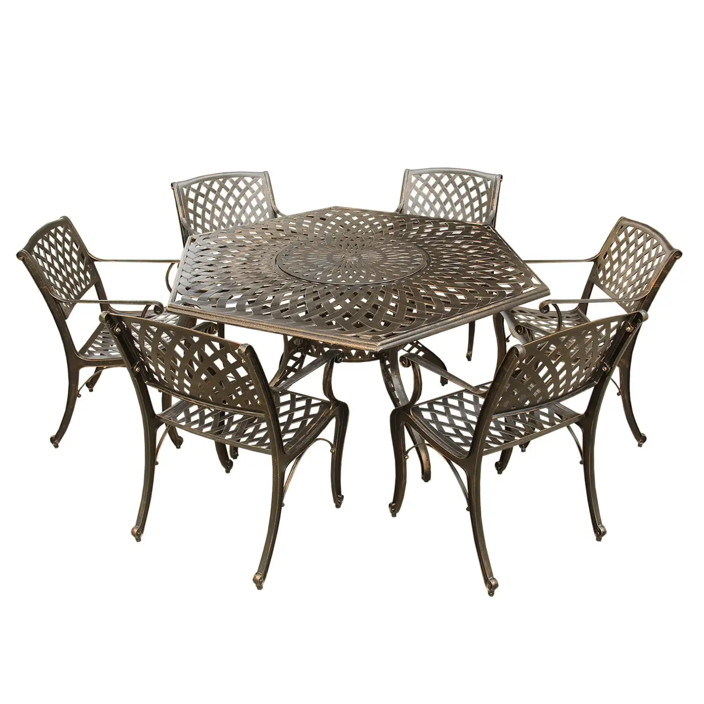 Outdoor Aluminum 7pc Hexagon Patio Dining Set. Lazy Susan. Six Chairs