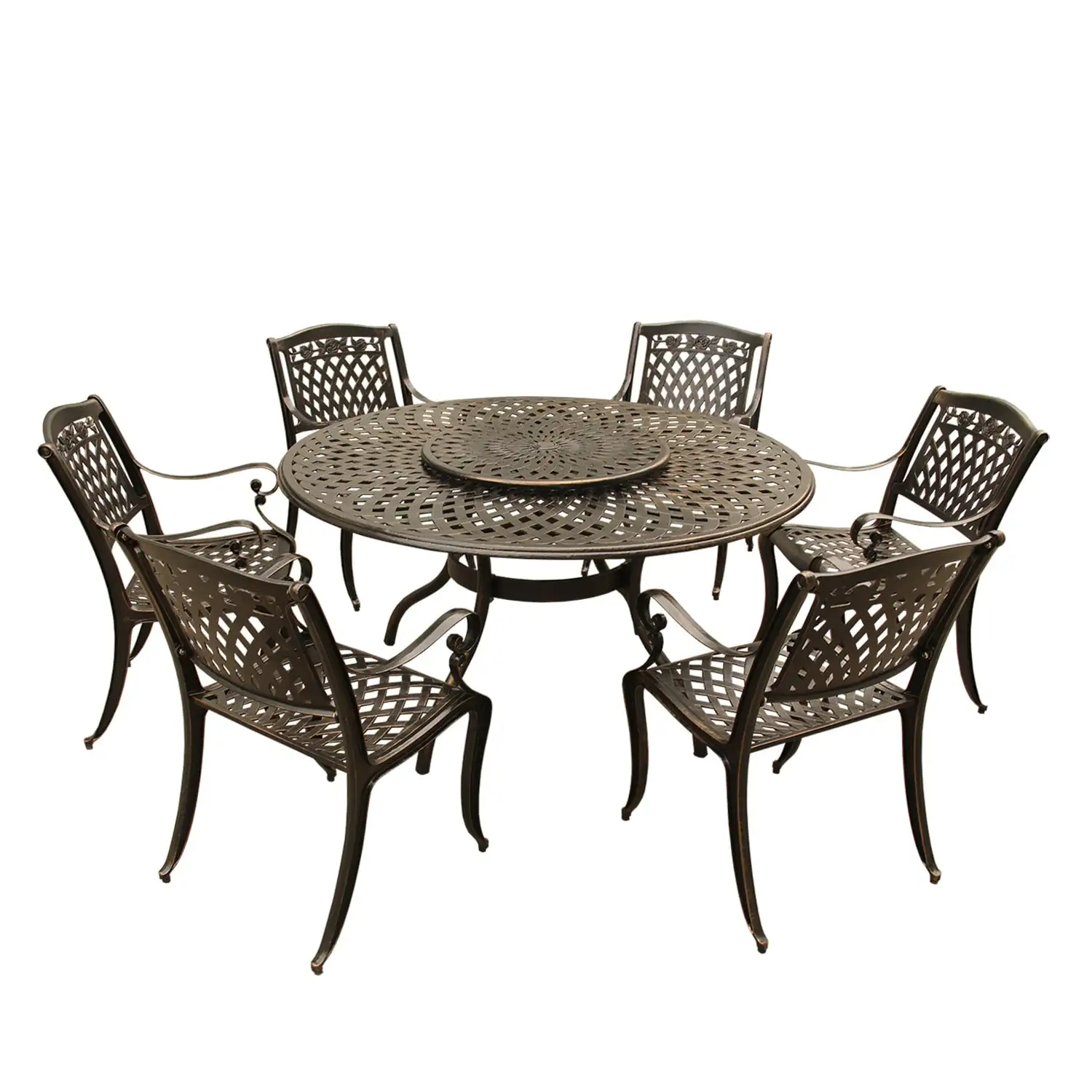 Outdoor Aluminum 7pc Round Patio Dining Set. Lazy Susan. Six Chairs