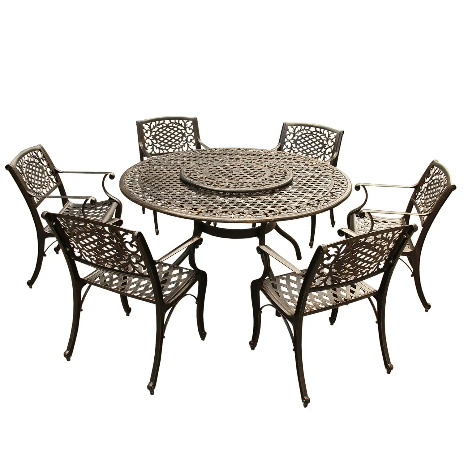 Outdoor Aluminum 7pc Round Patio Dining Set. Lazy Susan. Six Chairs