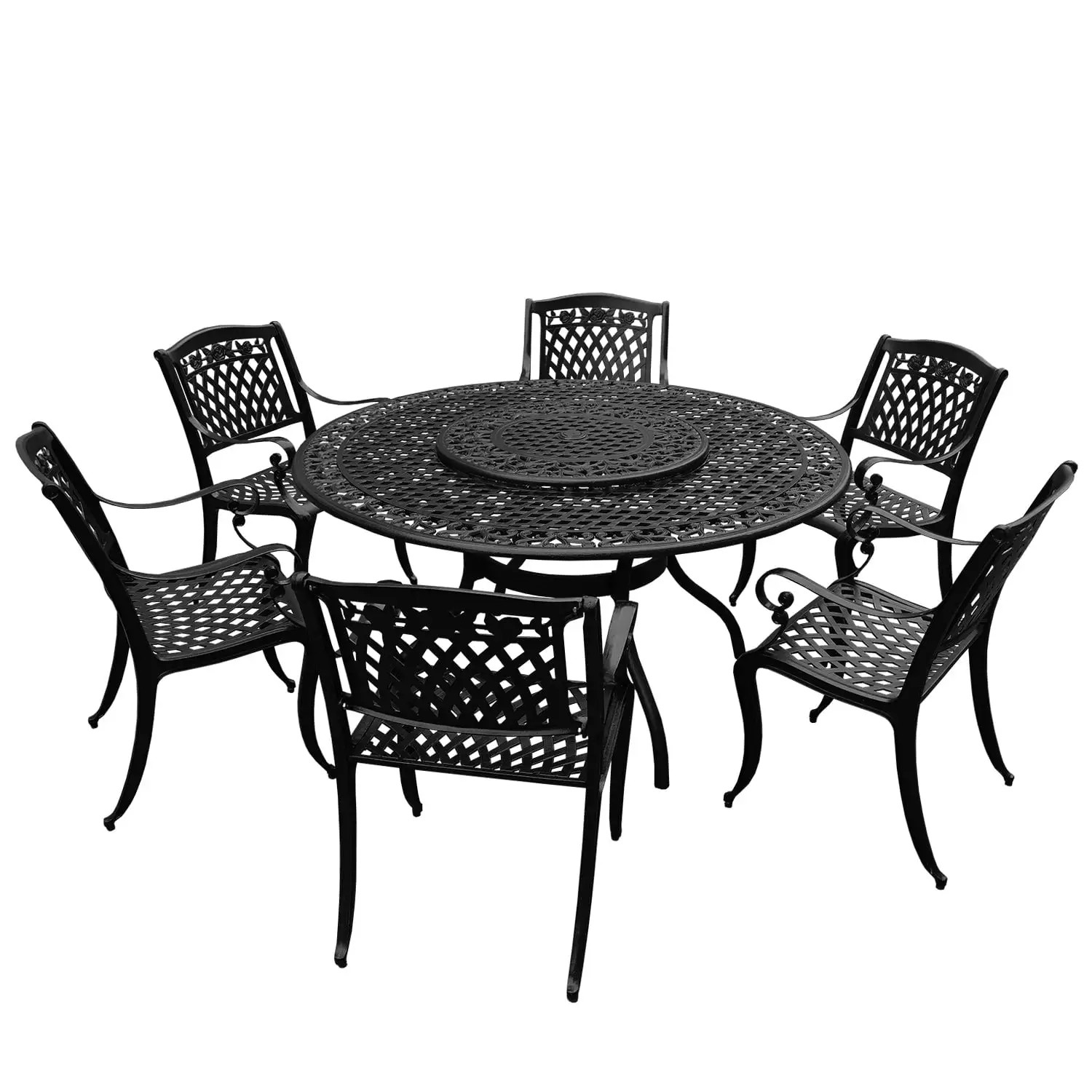 Outdoor Aluminum 7pc Round Patio Dining Set. Lazy Susan. Six Chairs