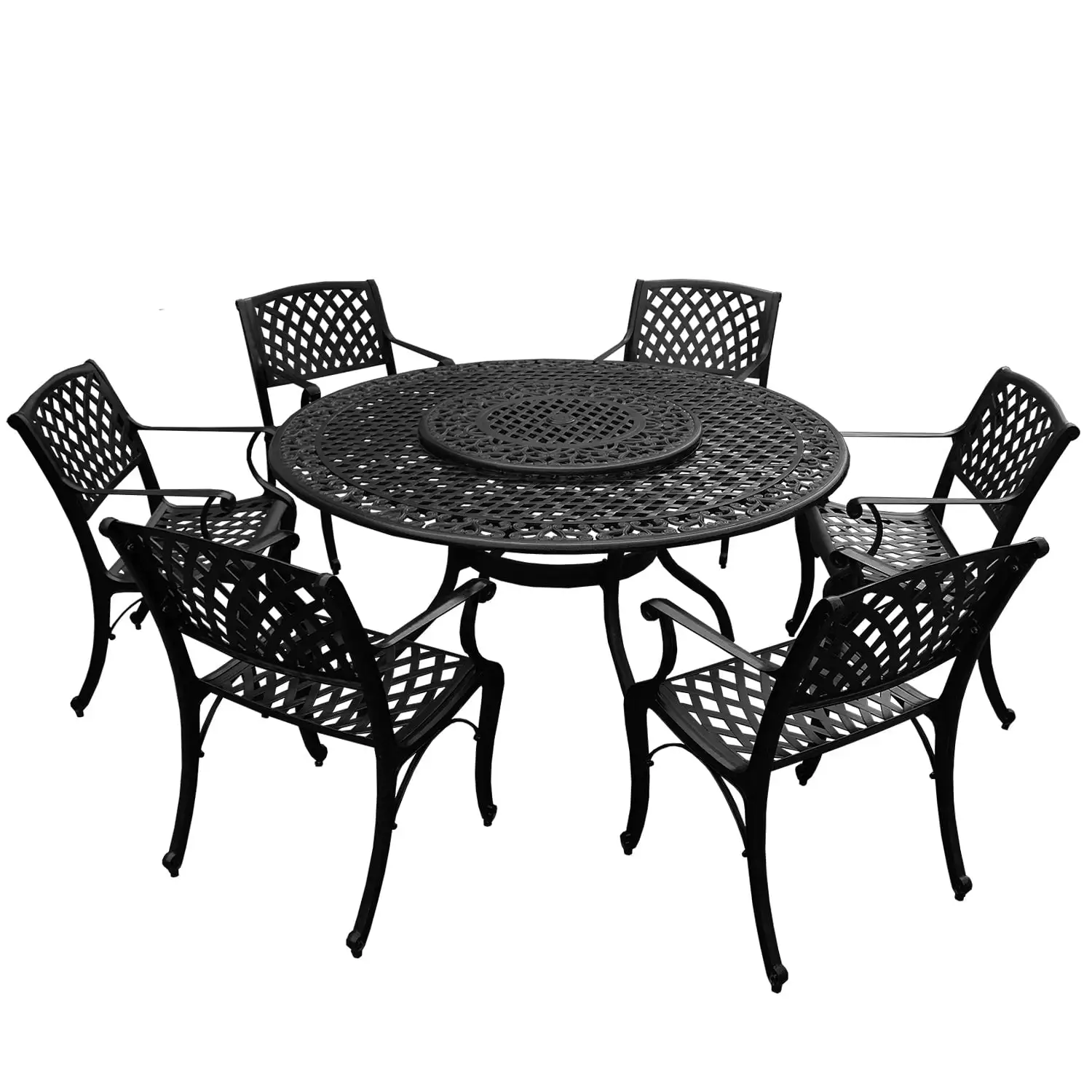 Outdoor Aluminum 7pc Round Patio Dining Set. Lazy Susan. Six Chairs