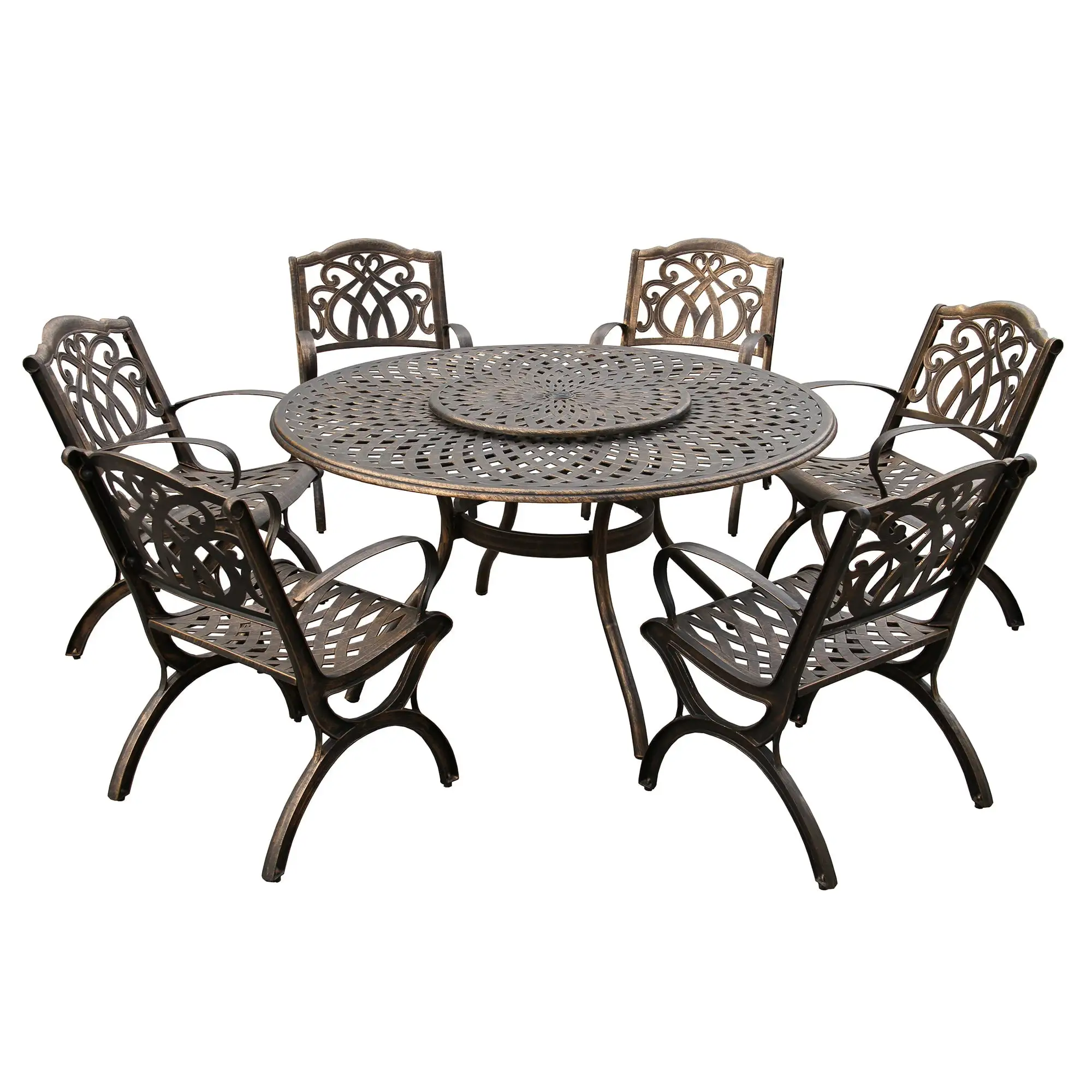 Outdoor Aluminum 7pc Round Patio Dining Set. Lazy Susan. Six Chairs