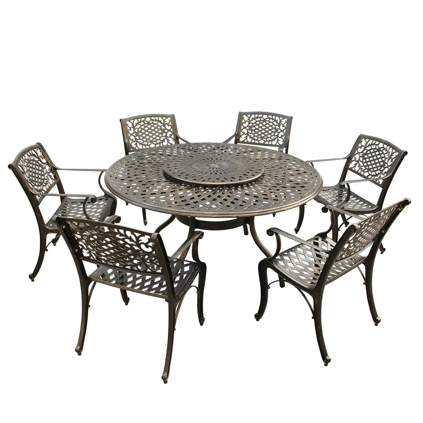 Outdoor Aluminum 7pc Round Patio Dining Set with Lazy Susan. Six Chairs