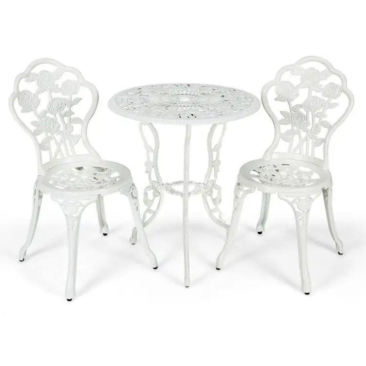 Outdoor Cast Aluminum Patio Furniture Set. Outdoor Patio Rattan Conversation Bistro Set with Rose Design-White