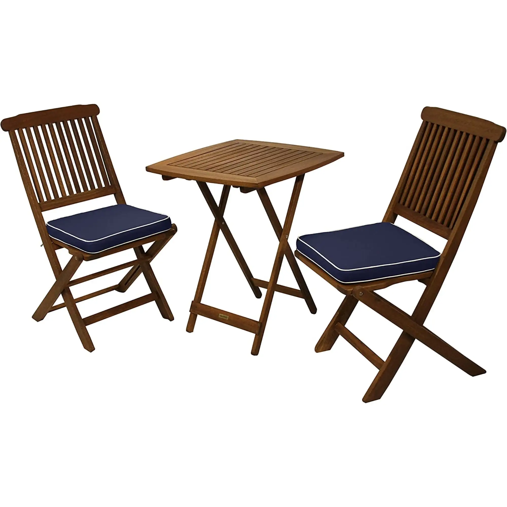 Outdoor Interiors Eucalyptus Wood 3-Piece Square Foldable Bistro Outdoor Furniture Patio Set. Table and 2 Chairs with Cushions. Blue