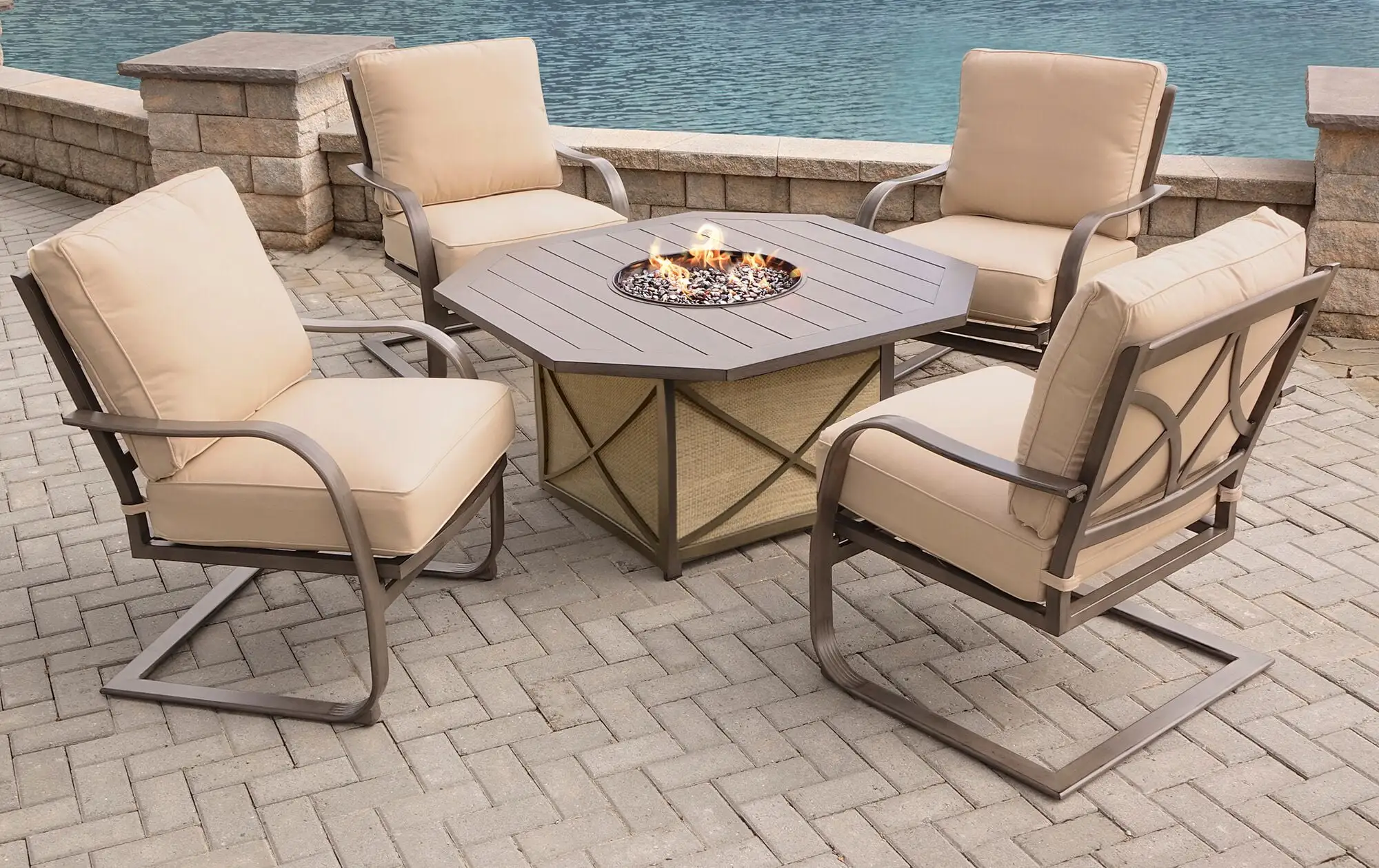 Outdoor Living and Style 5-Piece Smoke Gray Contemporary Fire Pit Table Set - Beige Spring Chairs