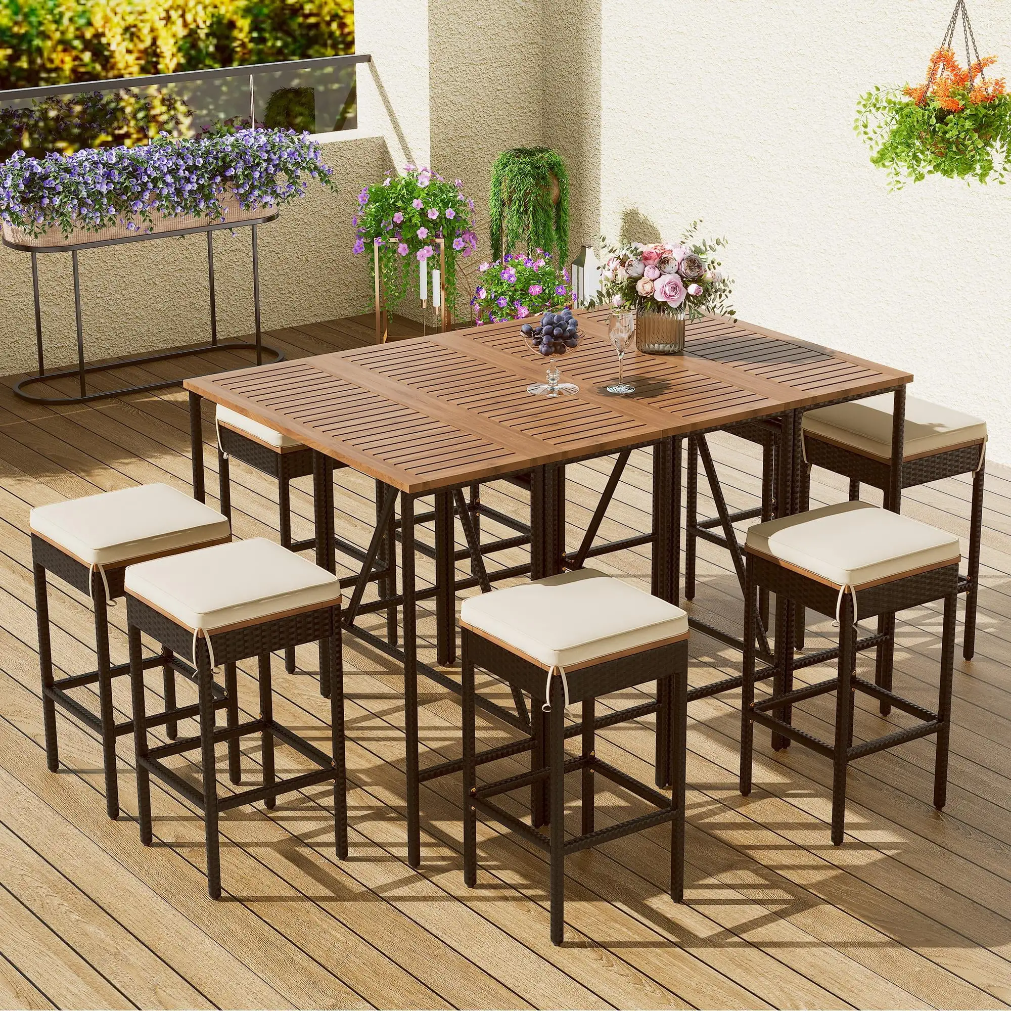 Outdoor Patio Bar Sets. Rattan Wicker Outdoor Dining Set. 10 Piece Patio Furniture Set with 8 Stools. 2 Wood Tables. Foldable Tabletop Bar Height Patio Set for Backyard. Porch. Garden. Poolside