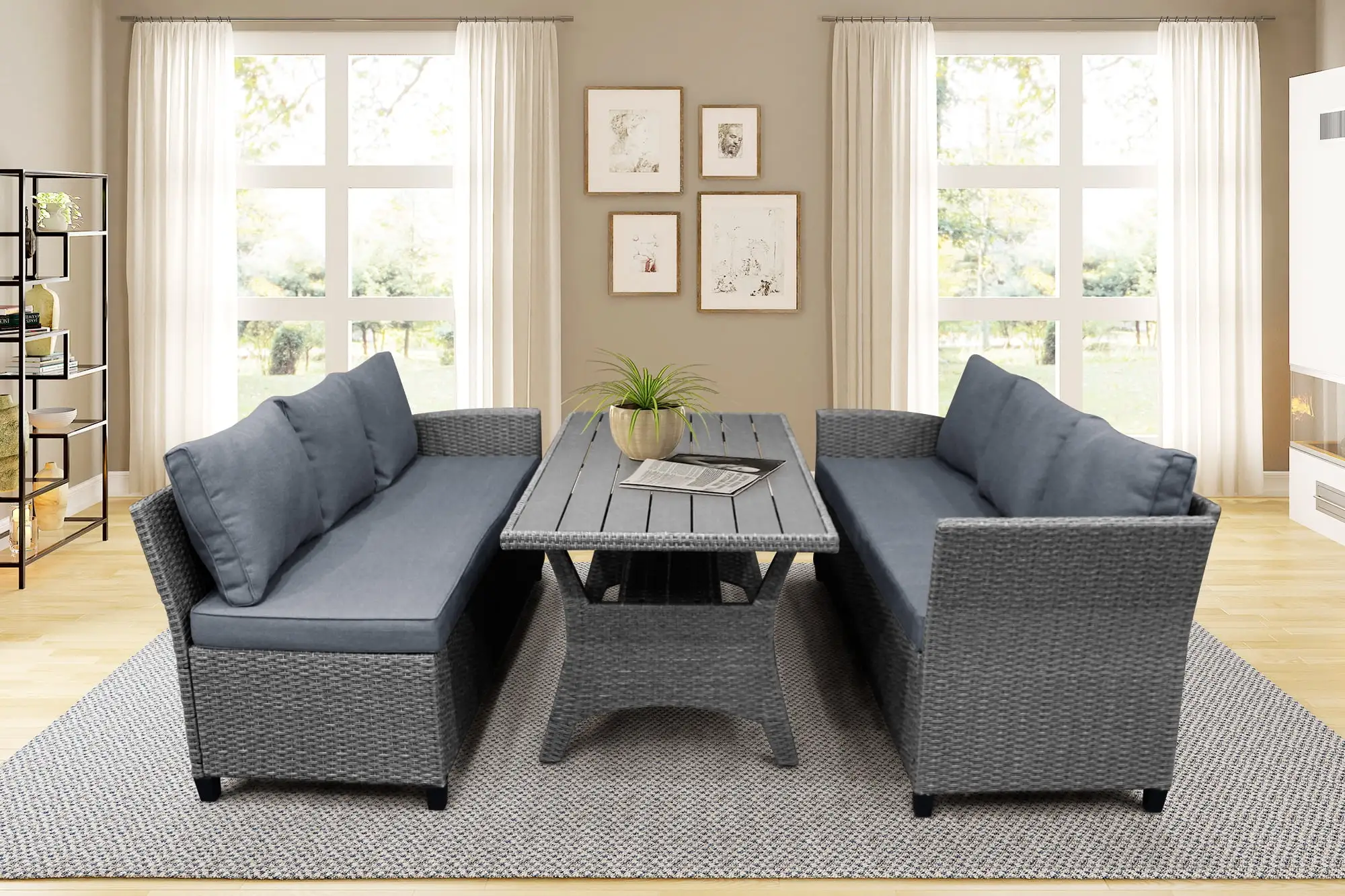 Outdoor Patio Dining Set. 3 Piece Modular Sectional Wicker Sofa Set for Family. Resistant Elegance Conversation Furniture with Removable Seat Cushions. Dining Square Wood Top Table. S7005