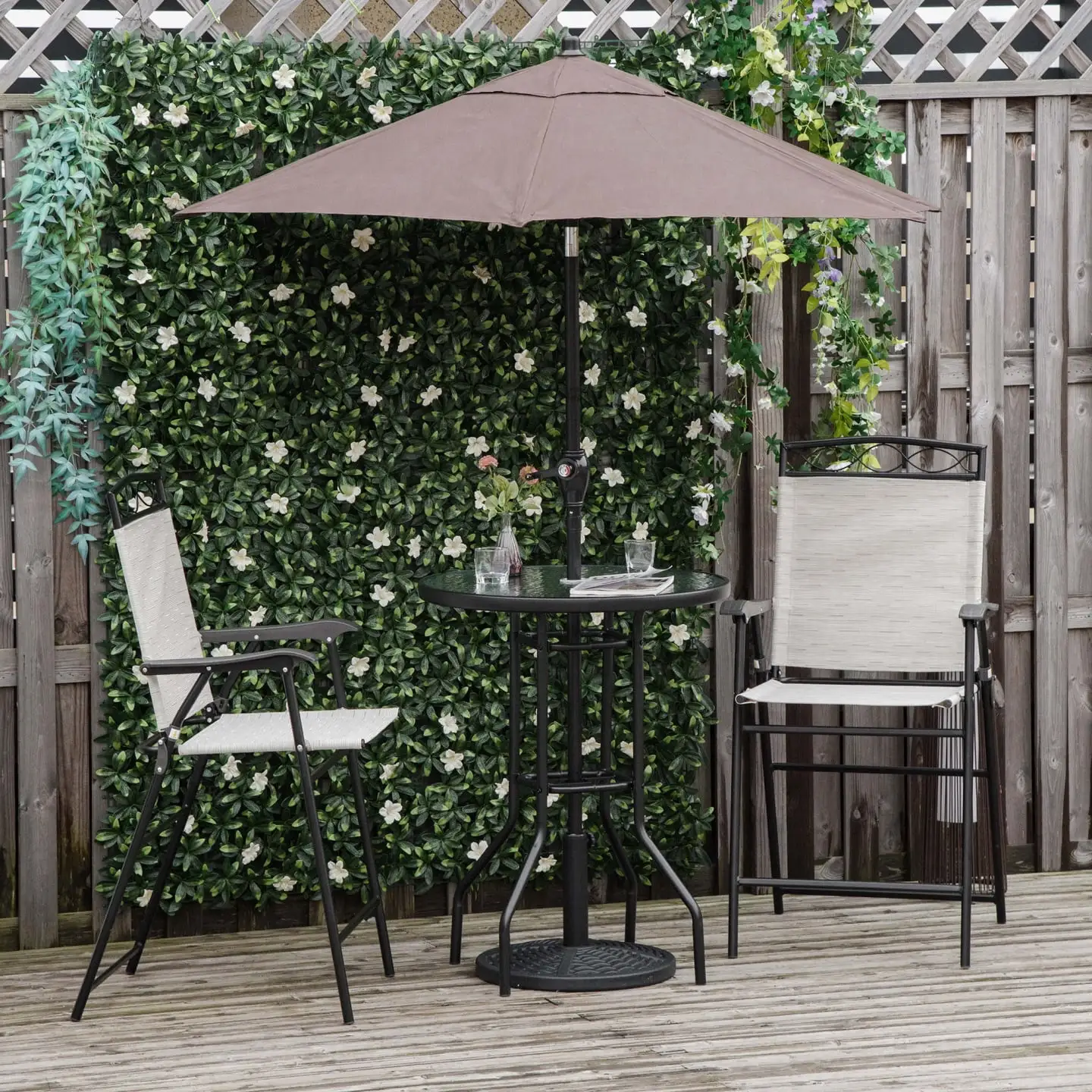 Outdoor Patio Dining Table Set for 2 with Umbrella. 4 Piece Bistro Table Set with Tempered Glass Table. 2 Folding Chairs and Adjustable Angle Umbrella. for Lawn. Deck. Garden. Beige